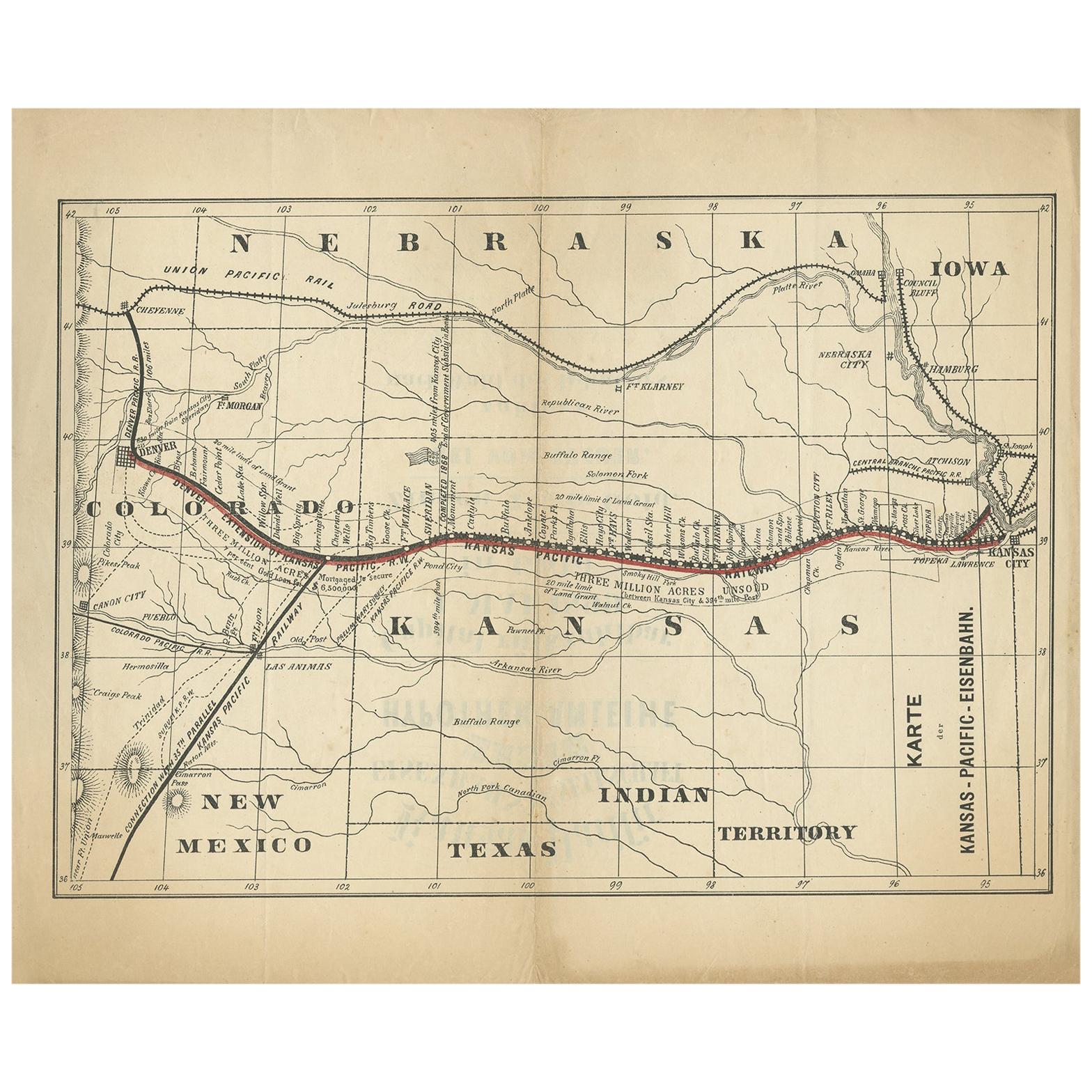 Carte ancienne de la Kansas Pacific Railroad, circa 1900 en vente