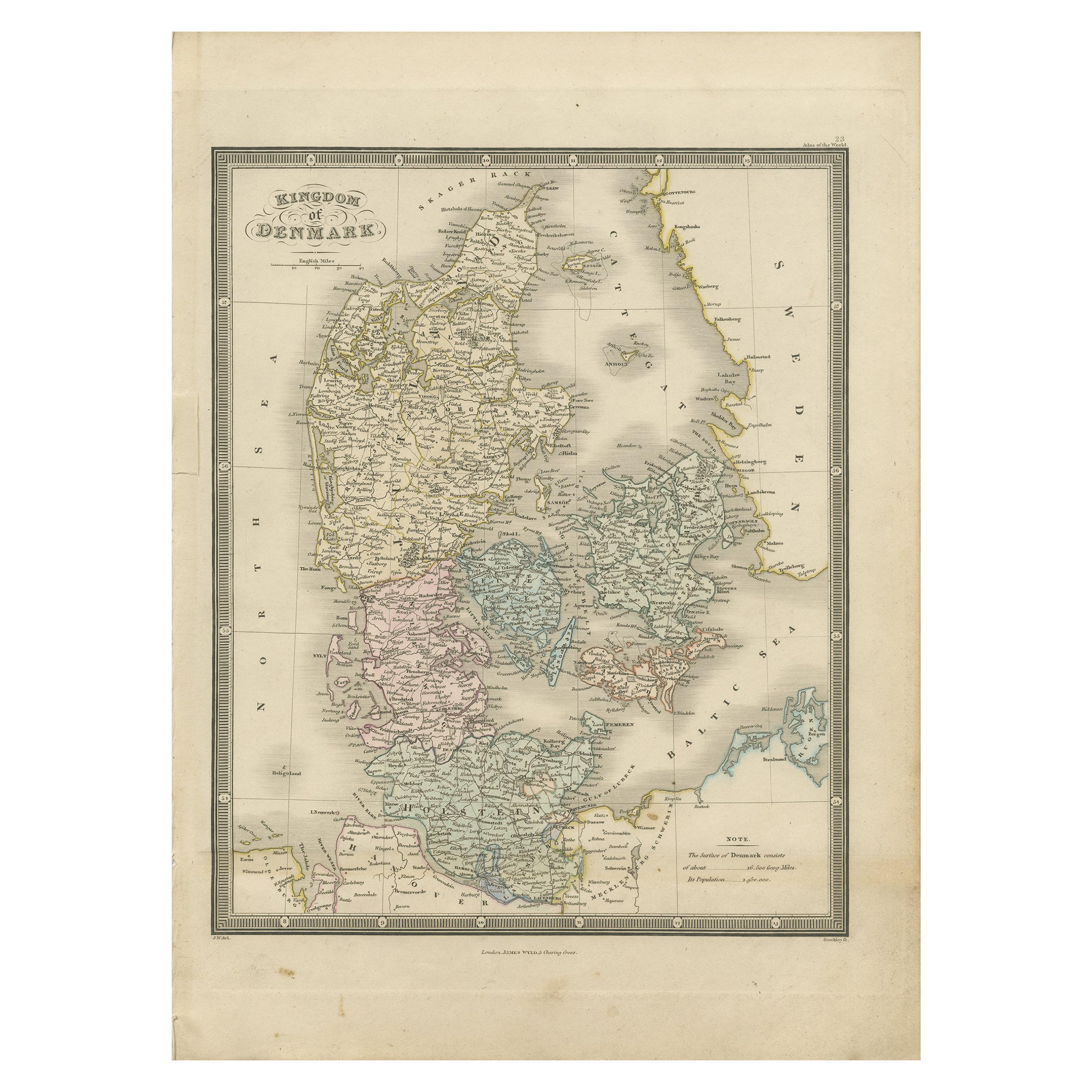 Antique Map of the Kingdom of Denmark by Wyld '1845' For Sale