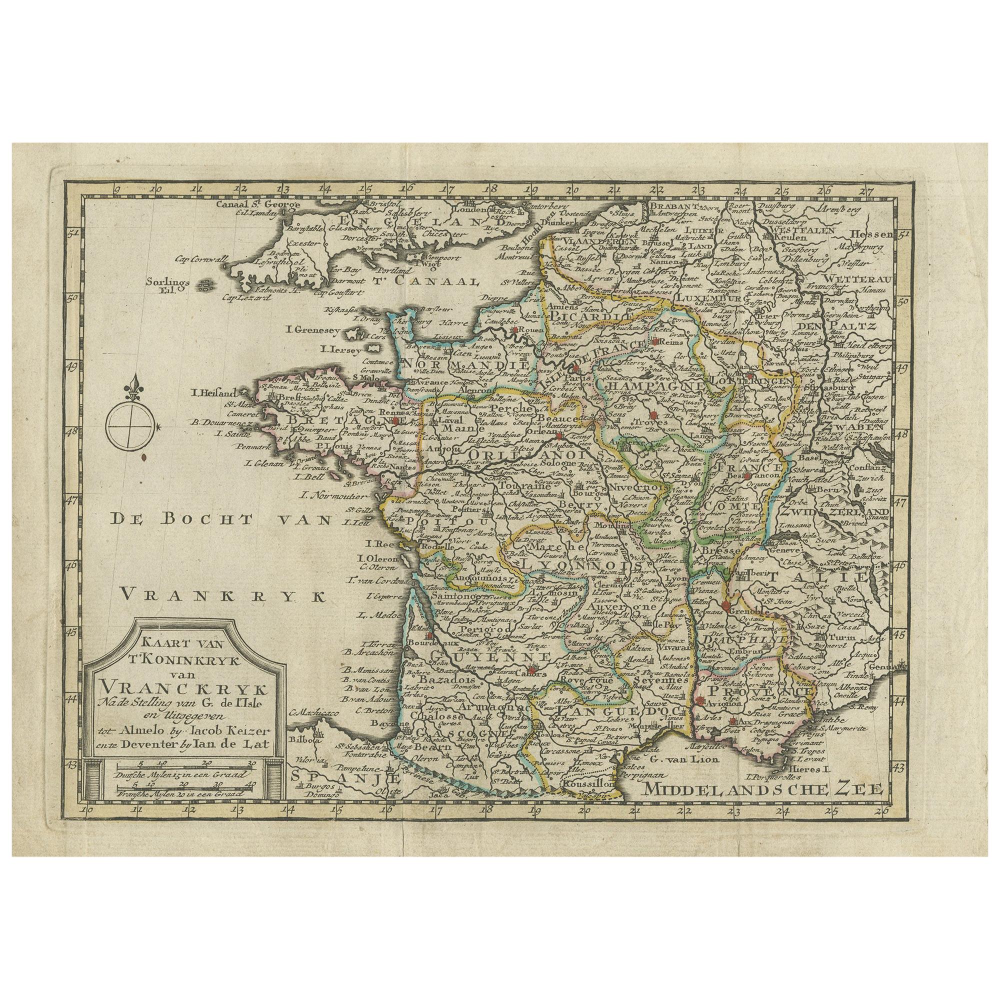 Antique Map of the Kingdom of France by Keizer & de Lat, 1788 For Sale