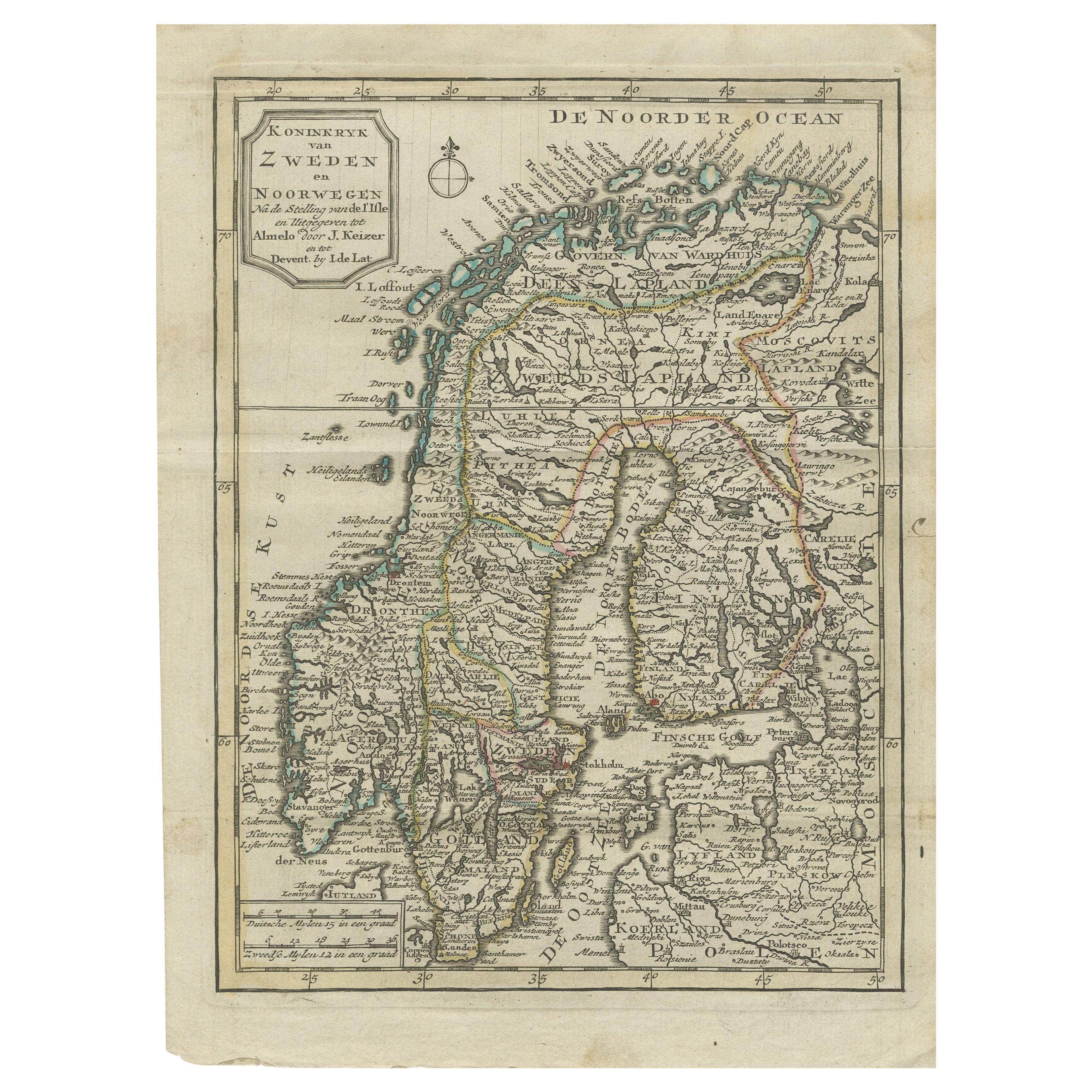 Antique Map of the Kingdom of Sweden and Norway by Keizer & de Lat, 1788 For Sale