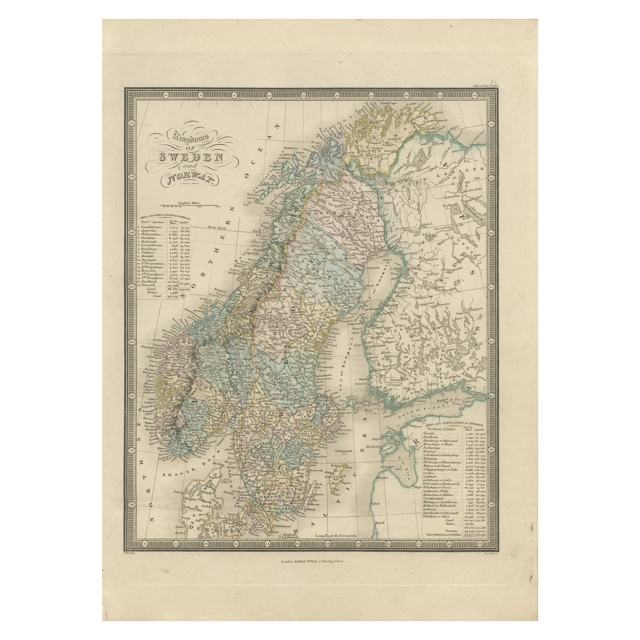 Antique Map of the Kingdoms of Sweden and Norway by Wyld '1845' For Sale