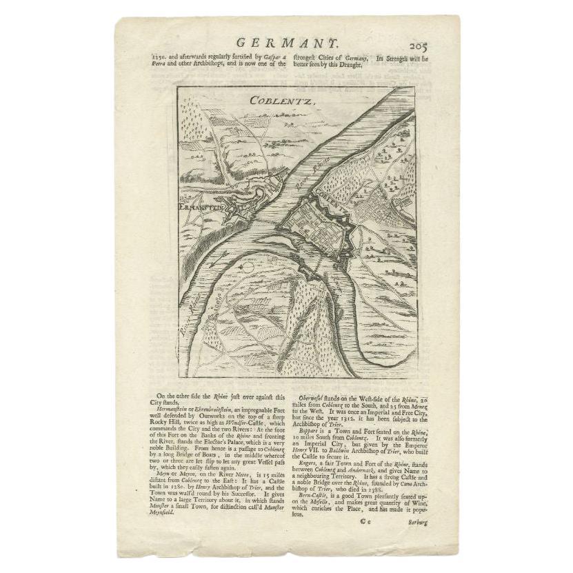 Antique Map of the Koblentz Region by Moll, 1695 For Sale