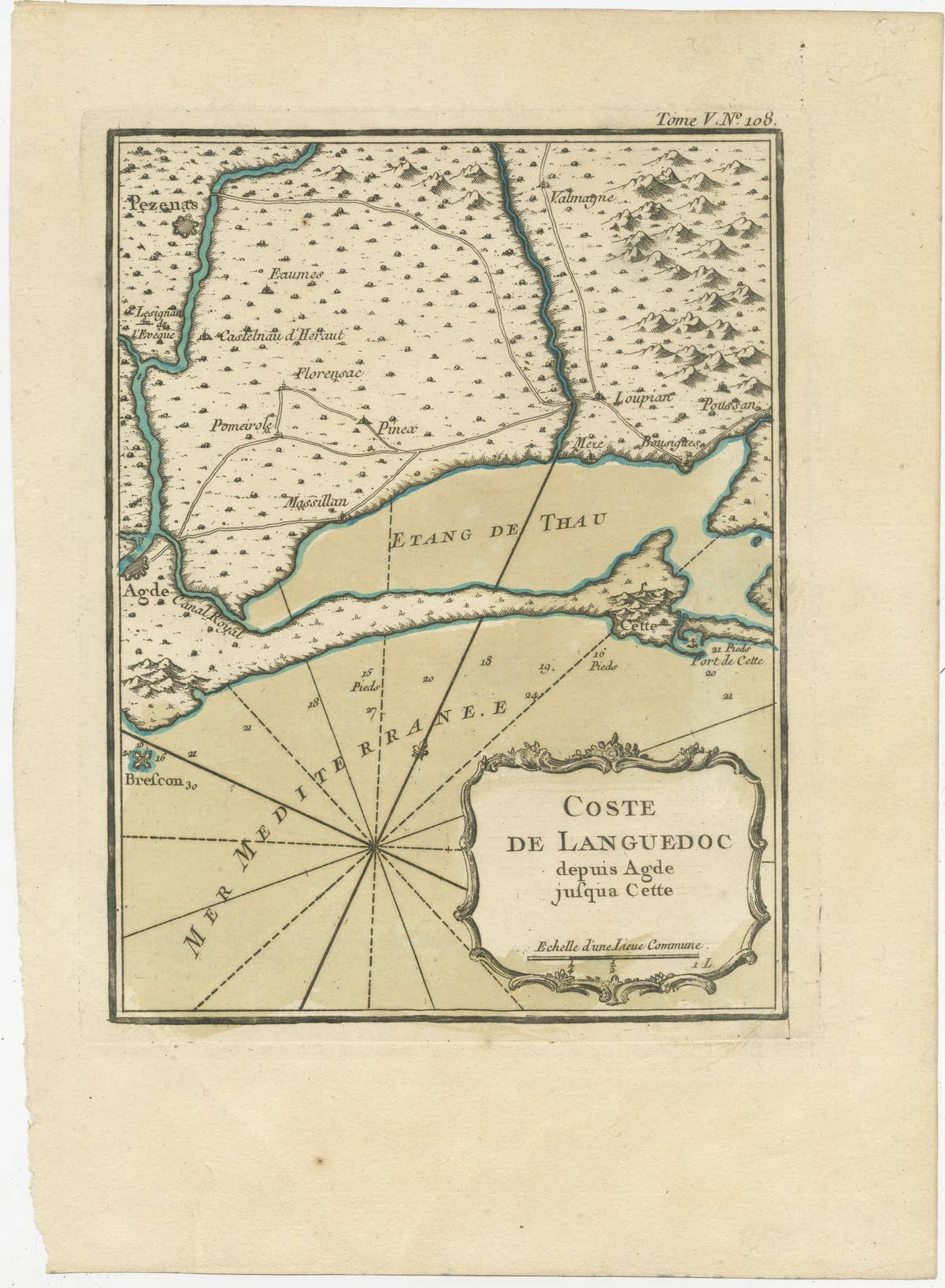 Antique Map of the Languedoc Coast between Agde and Sète 'Cette', France