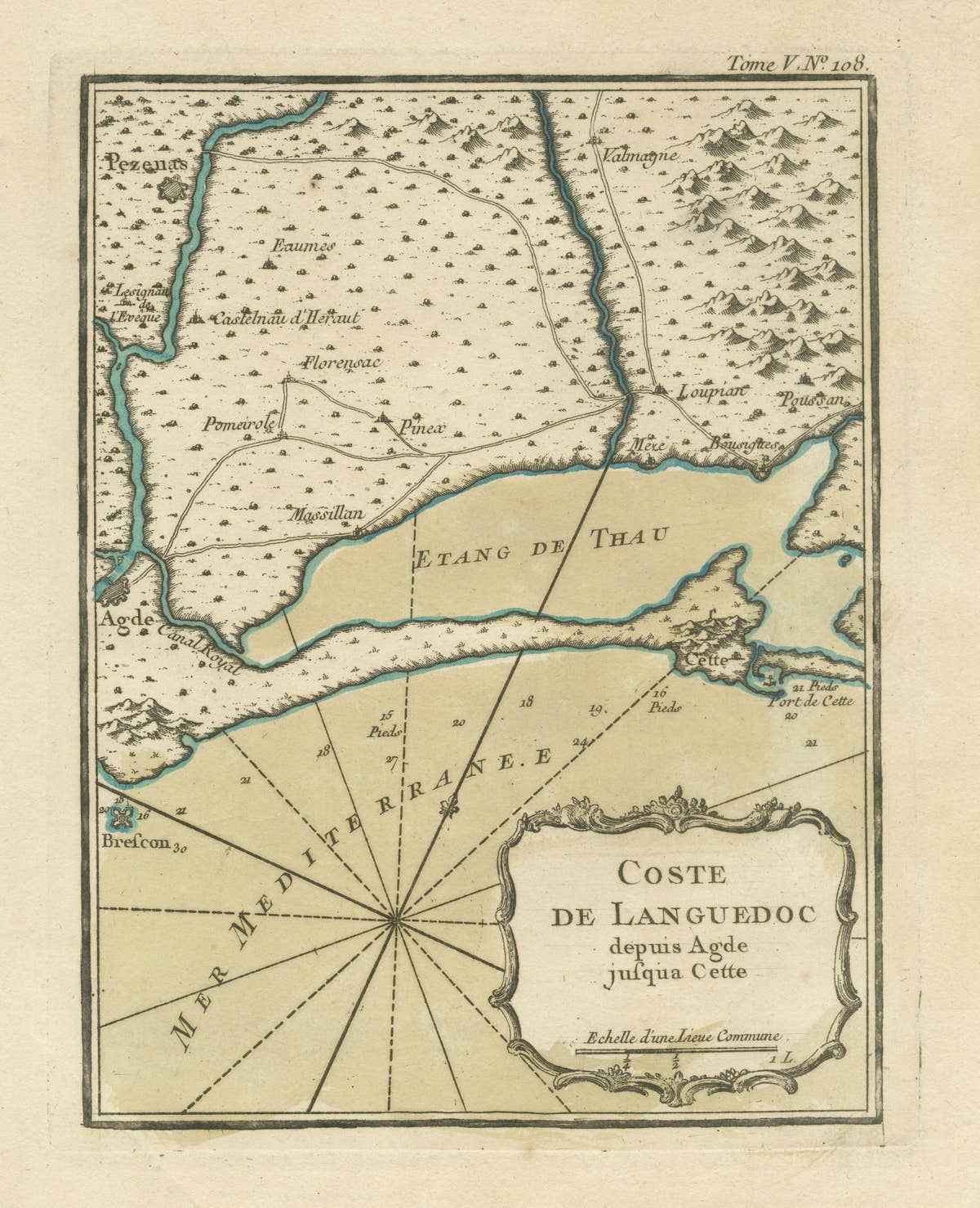 Antique Map of the Languedoc Coast between Agde and Sète 'Cette', France