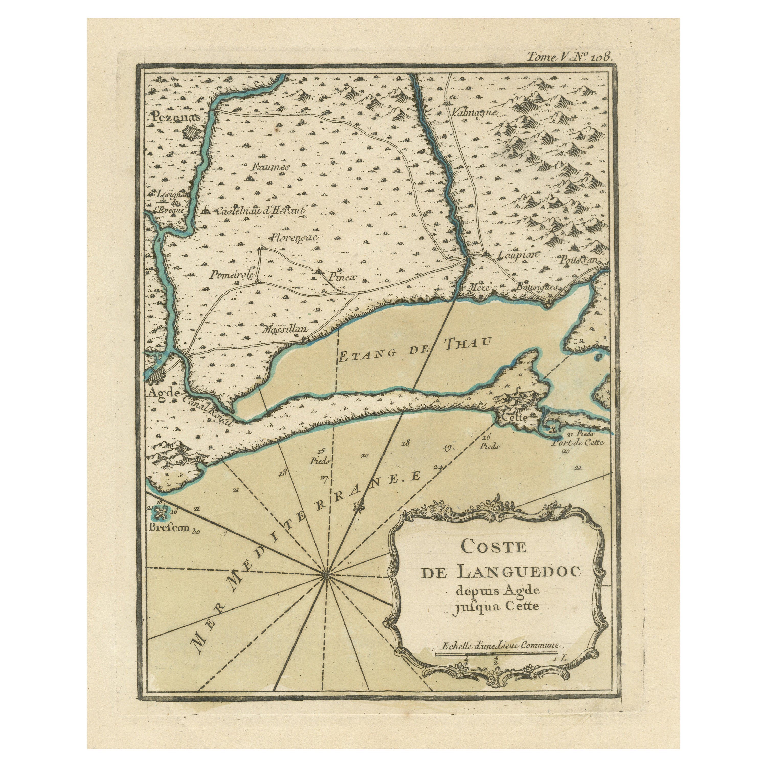 Mapa Antiguo de la Costa de Languedoc entre Agde y Sète (Cette), Francia en venta