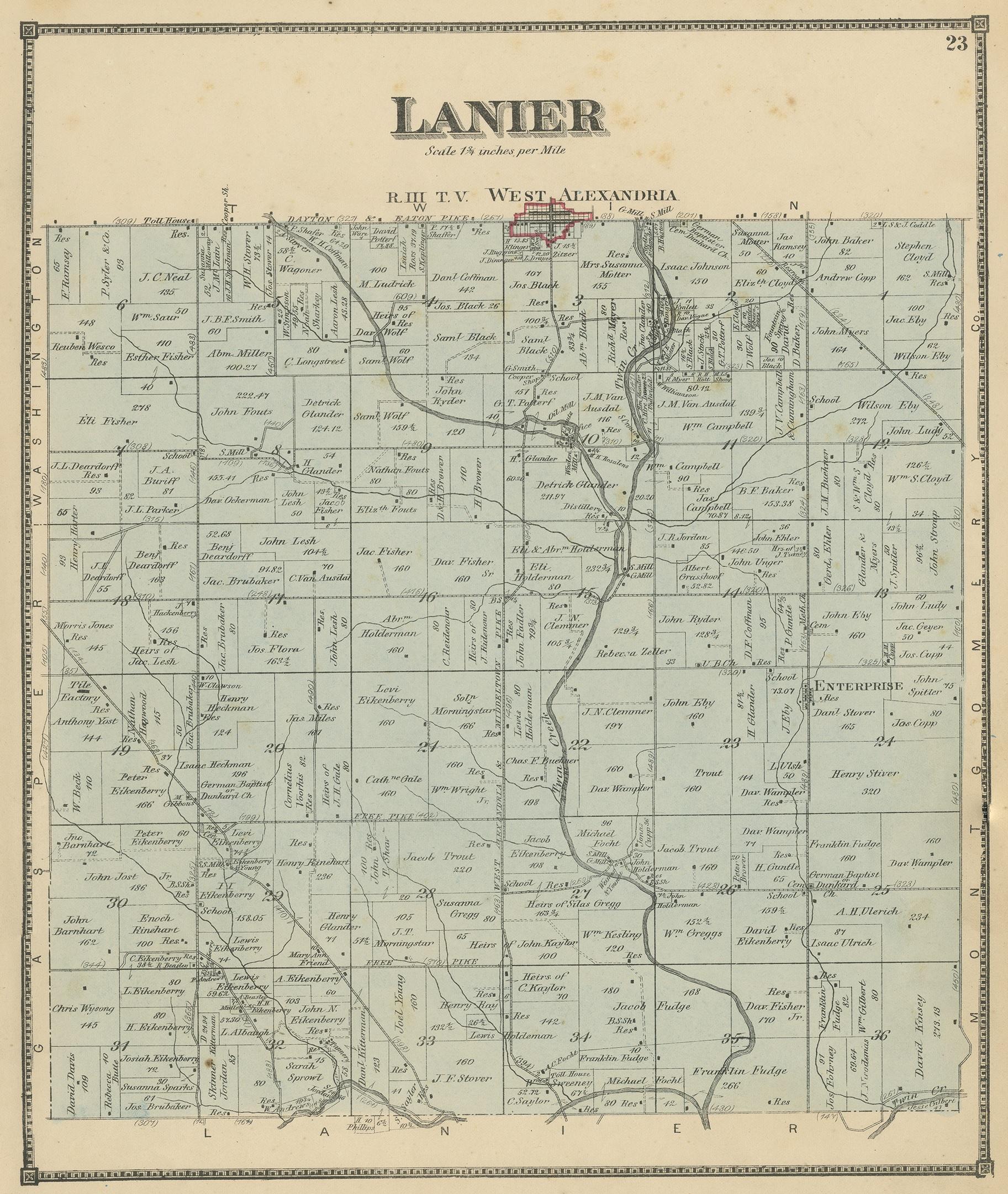 Antique map titled 'Lanier'. Original antique map of Lanier, Ohio. This map originates from 'Atlas of Preble County Ohio' by C.O. Titus. Published, 1871.