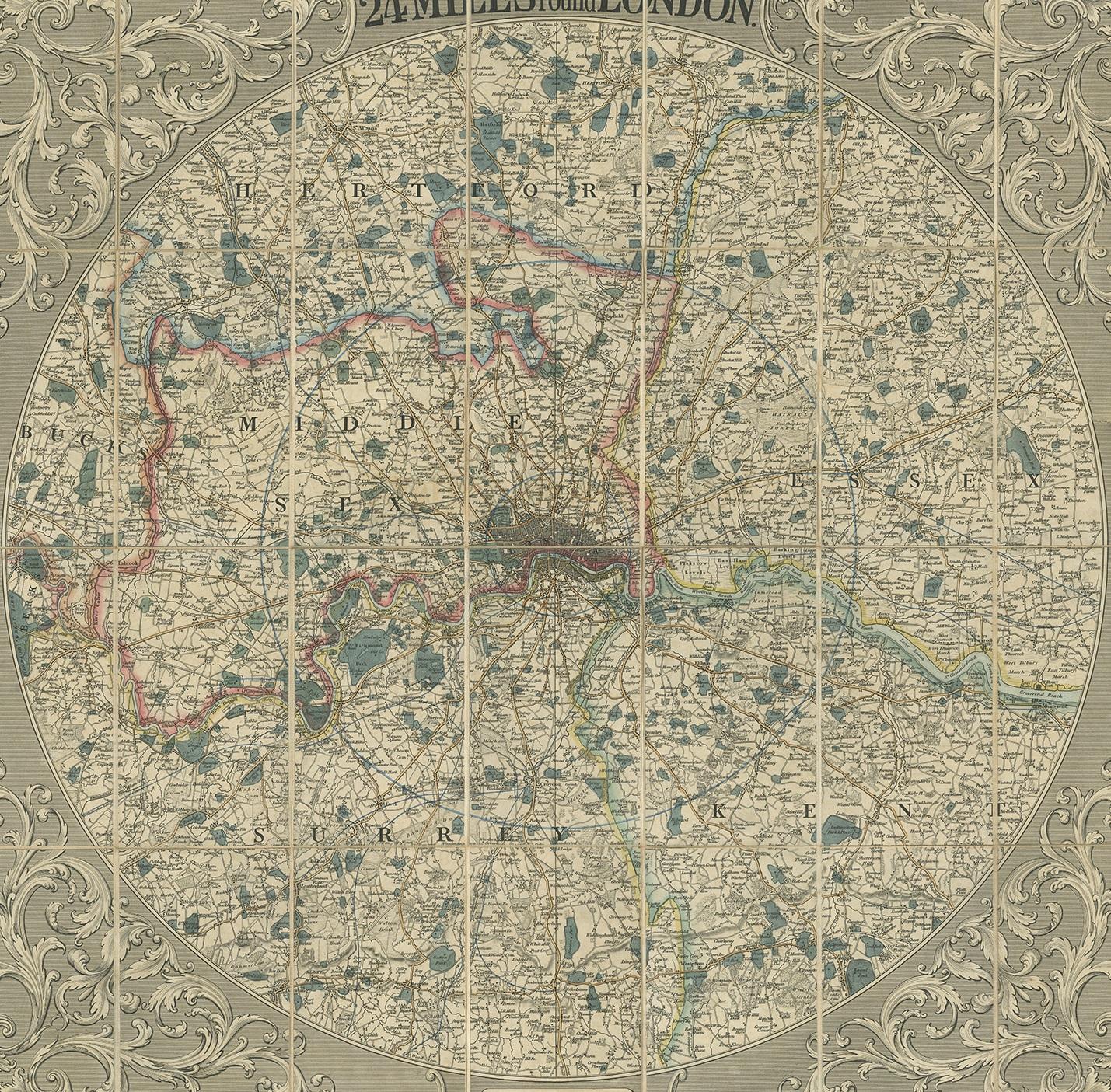 Antique map titled 'New Map Extending 24 Miles Round London, showing all the Mail, Turnpike, and Cross Roads, Gentleman's Seats, parks etc. etc. Also all the Proposed Railways, &c.'. Beautiful and large circular map with ornamental design in