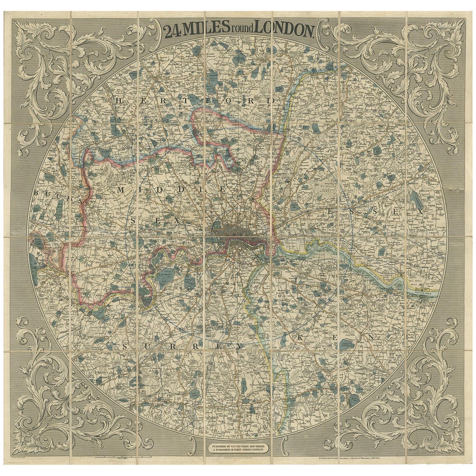 Antique Map of the London Region by G.F. Cruchley, 1838