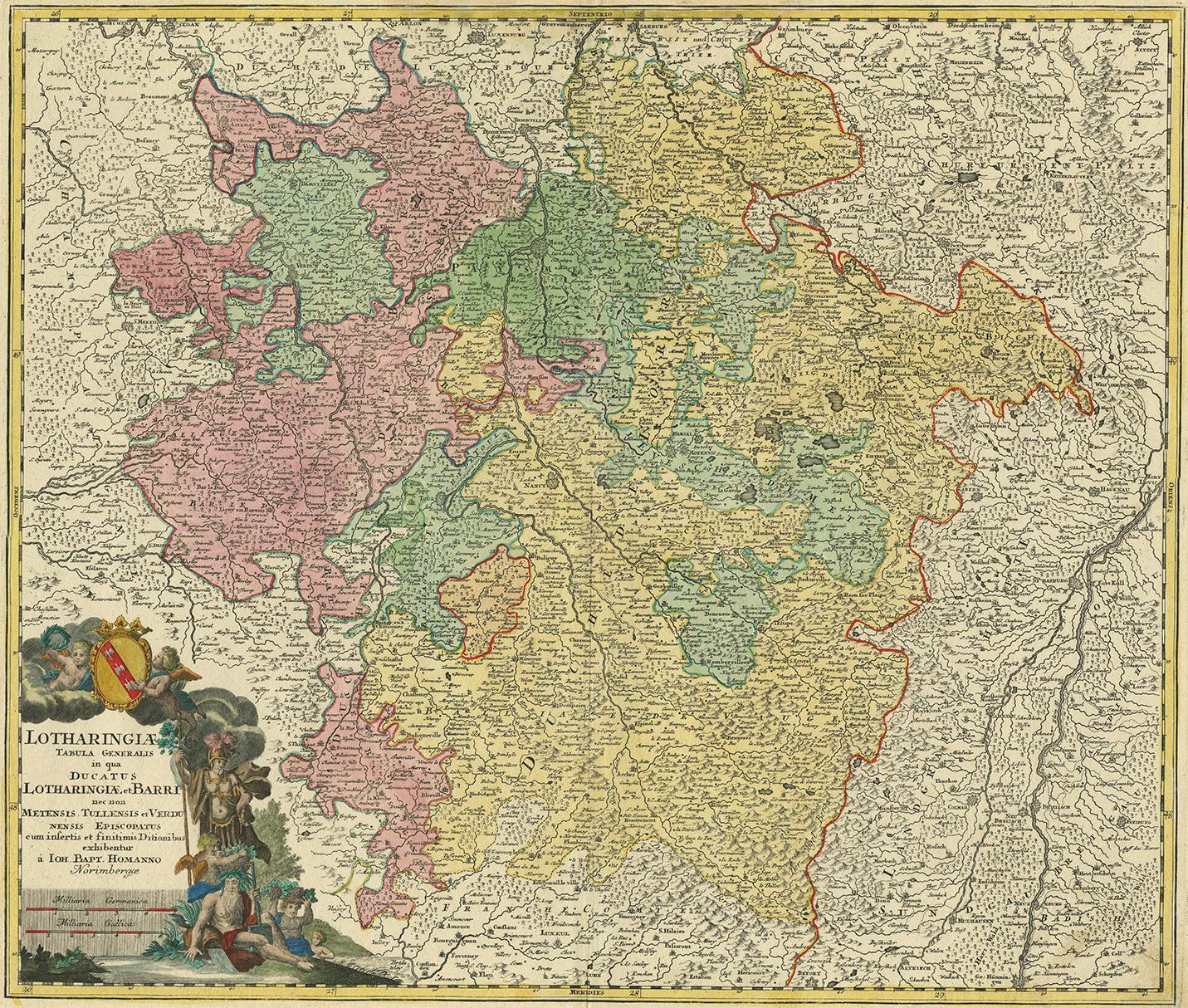 Antique map of Lorraine in north-east France by J. B. Homann. Covering the area around Metz, Nancy and Sarrebruck with Luxembourg in the North and Mulhouse in Southeast. With a decorative figurative and allegoric cartouche.