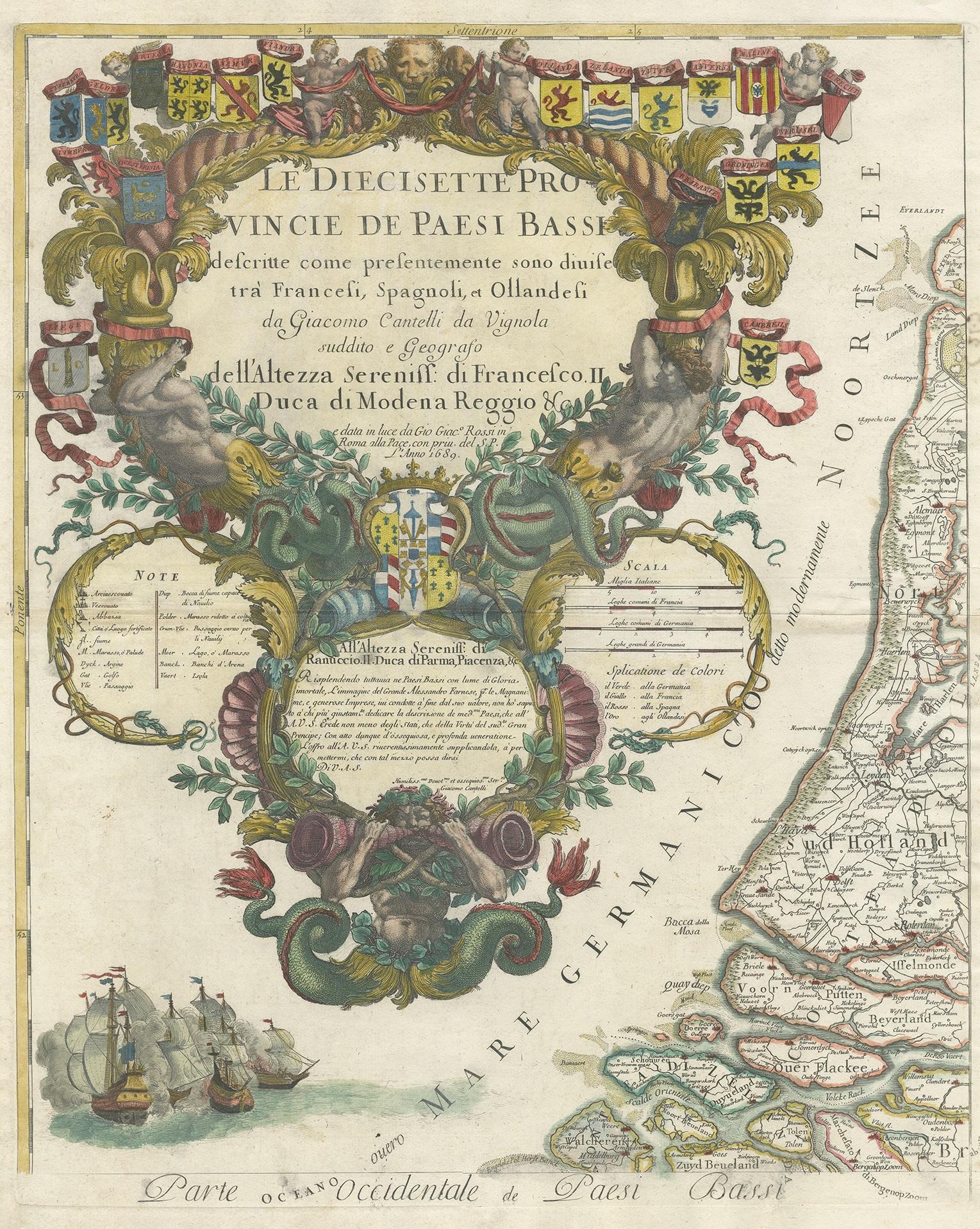 Antique map titled 'Le Diecisette Provincie de Paesi Bassi'. Part of a larger wall map of the 'Low Countries' consisting of four sheets. This specific sheet shows the large and richly decorated title cartouche and part of the Netherlands. Engraved