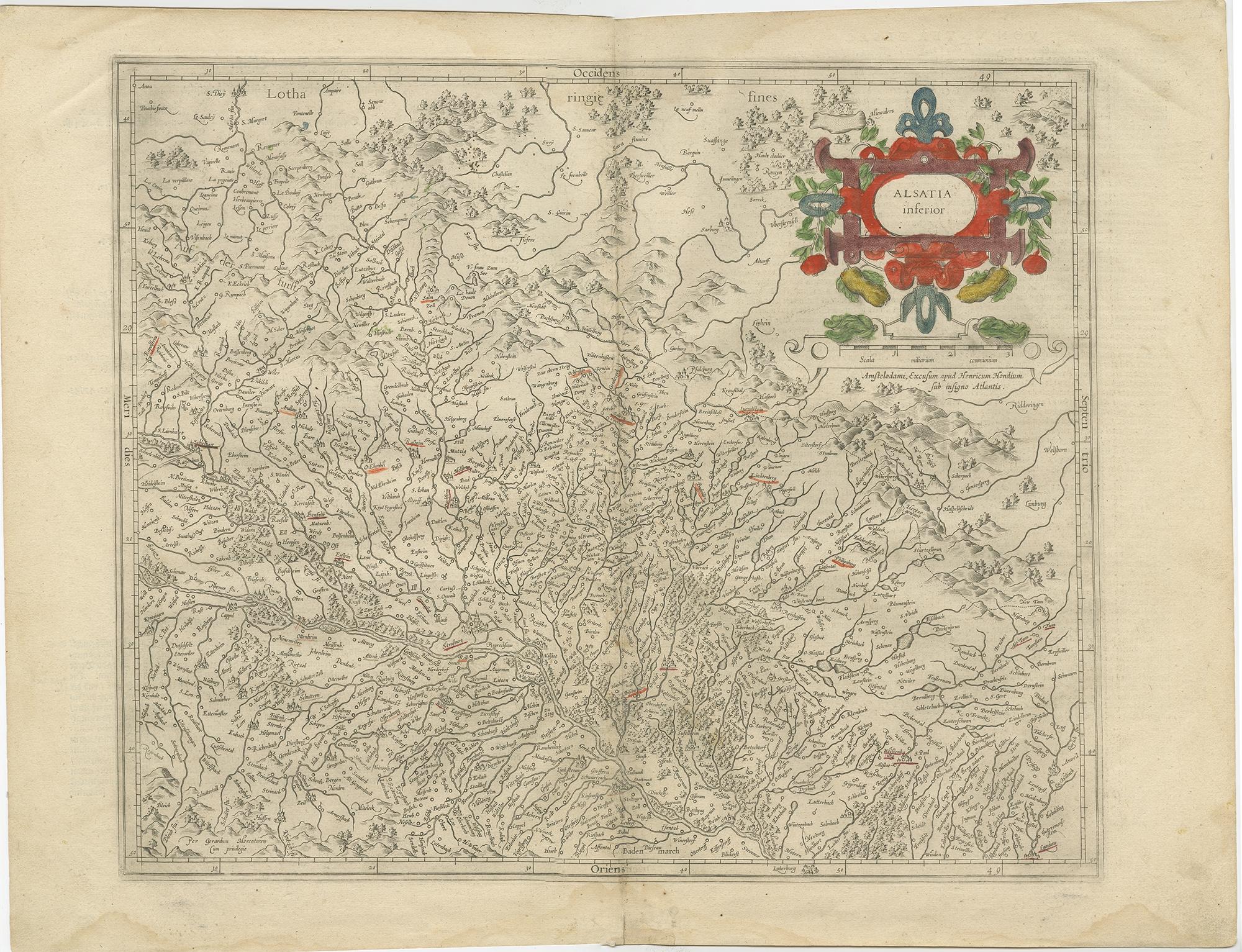 Antique map titled 'Alsatia Inferior'. Original antique map of the northern Alsace (Elzas) region of France. The map is centered on the course of the Rhine River, with Strasbourg at the top.

Artists and Engravers: Published by H. Hondius. Henricus