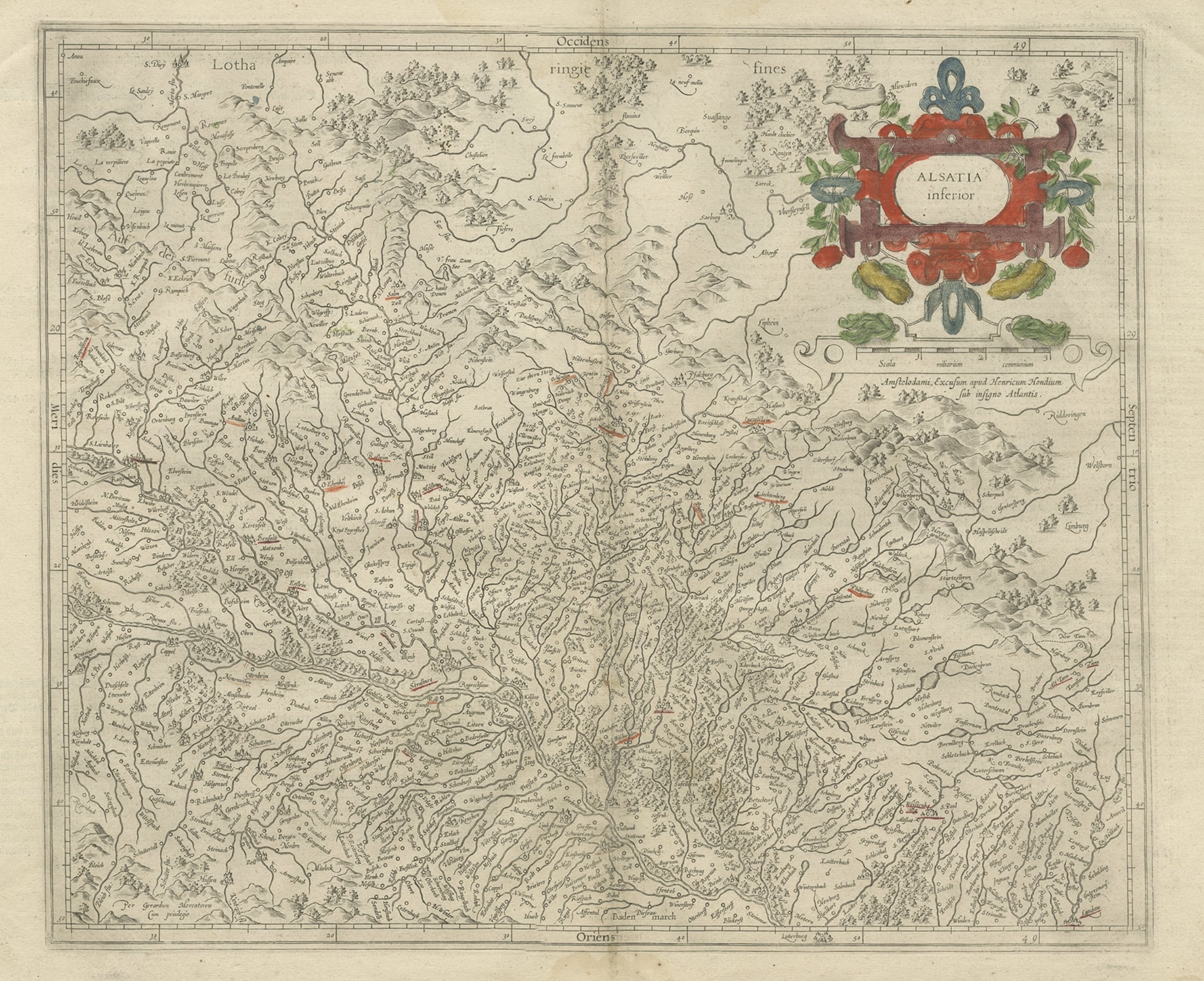 Antique Map of the Lower Alsace Region of France by Mapmaker Hondius, c.1630