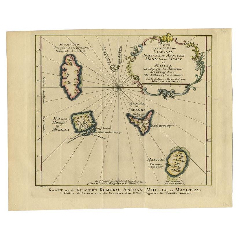 Antique Map of the Main Comoro Islands by Van Schley, 1749 For Sale