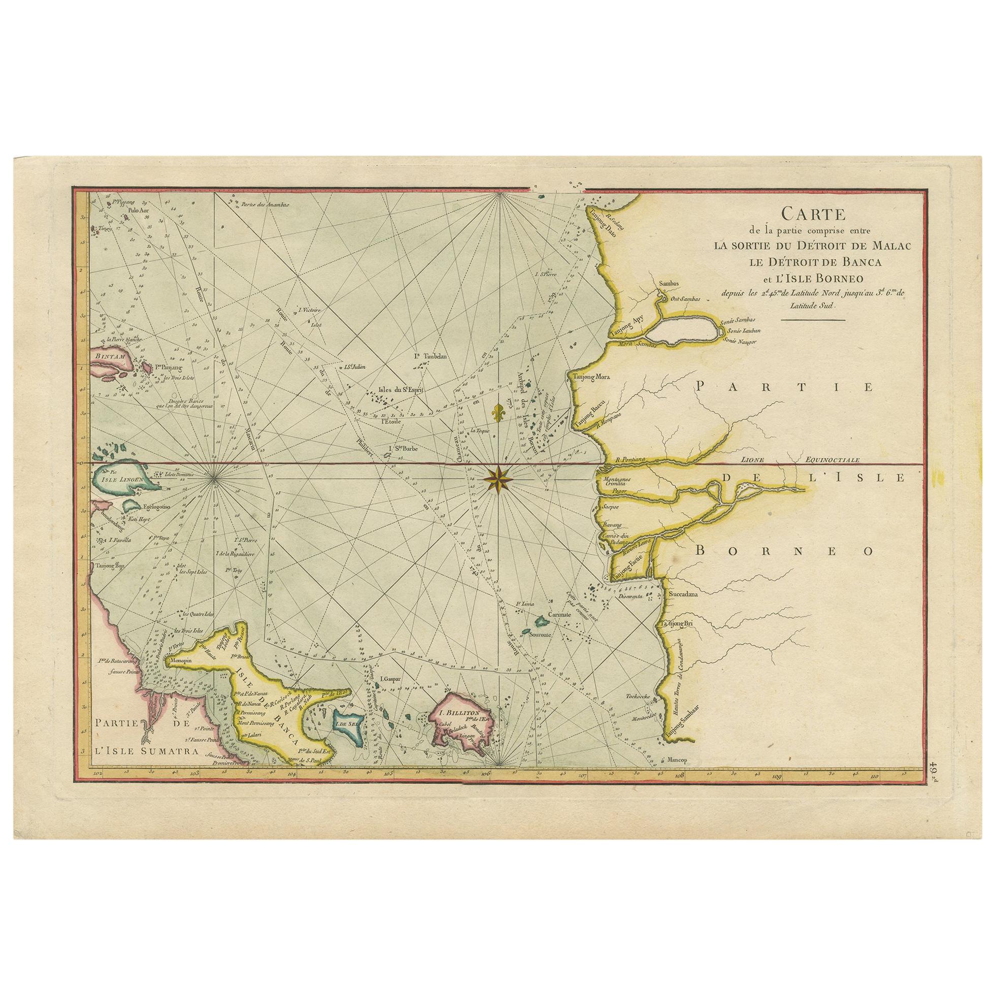 Antique Map of the Malacca and Bangka Strait by De Mannevillette '1775' For Sale