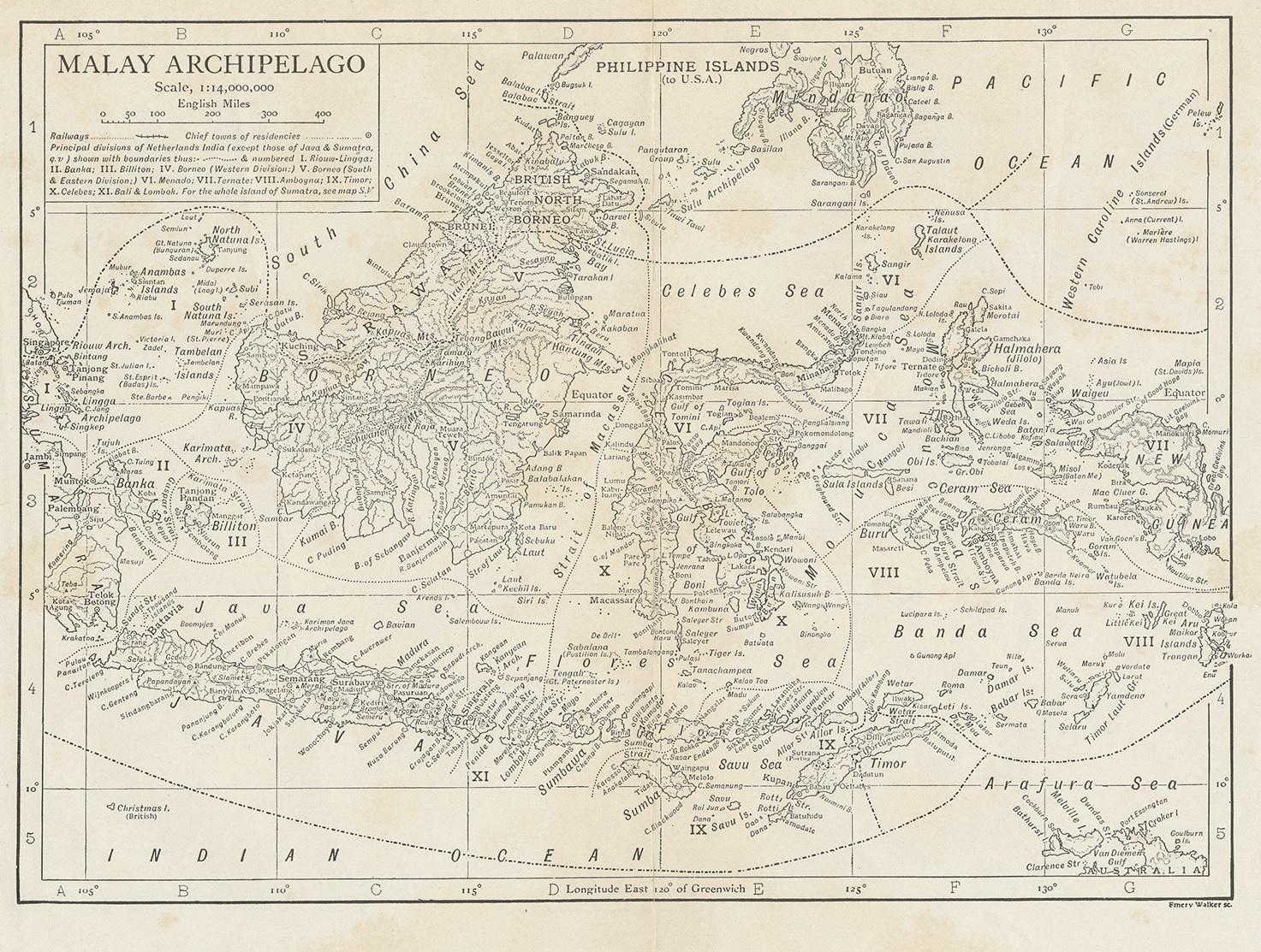 Antique map titled 'Malay Archipelago'. Old map of the Malay Archipelago including Borneo, Celebes, New Guinea, Java, Timor and others. This map originates from 'Encyclopaedia Britannica'.