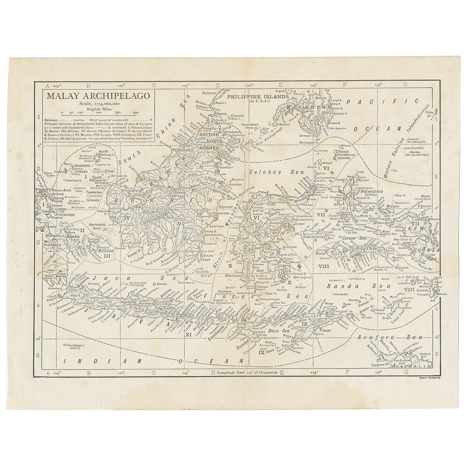 Carte ancienne de l'archipelago de Malay par Walker, 1911