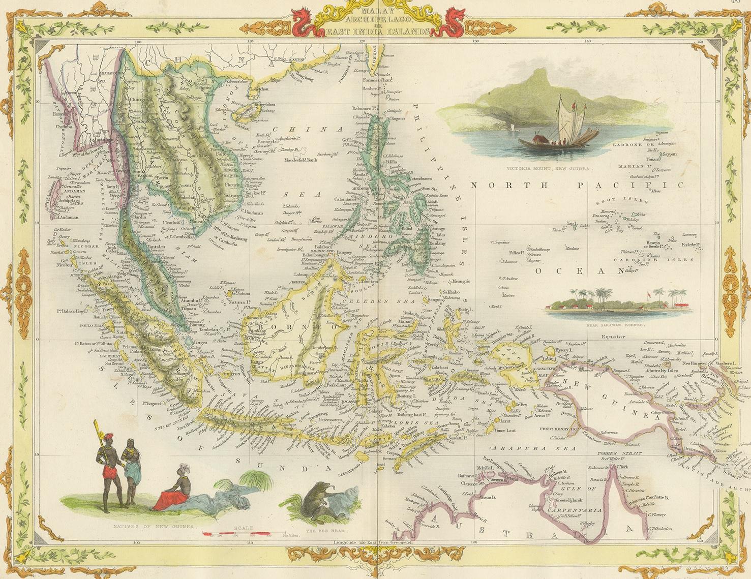 Antique map titled 'Malay Archipelago, or East India Islands'. With vignettes of Victoria Mount, New Guinea, Nativaes of New Guinea and scenes near Sarawak, Borneo. Originates from 'The Illustrated Atlas, And Modern History Of The World