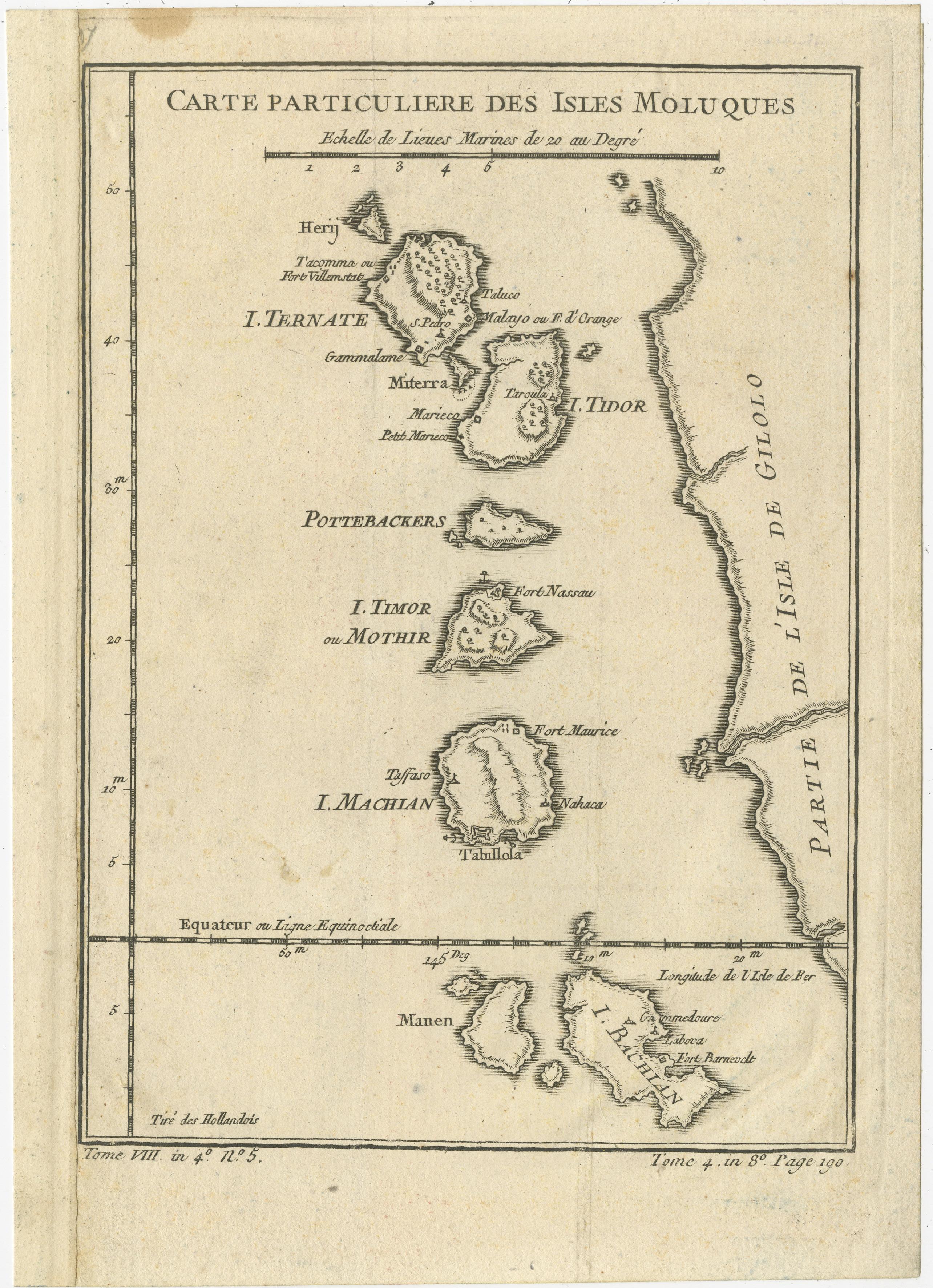 Antique map titled 'Carte Particuliere des Isles Moluques'. This map depicts the islands of Herij, Ternate, Tidor, Pottebackers, Timor, Machian and Bachian. The Moluccan islands were once part of the Dutch East Indies. Today the Moluccas are part of