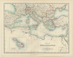 Antique Map of the Mediterranean Basin, 1903, with Detailed Coastal and Inland