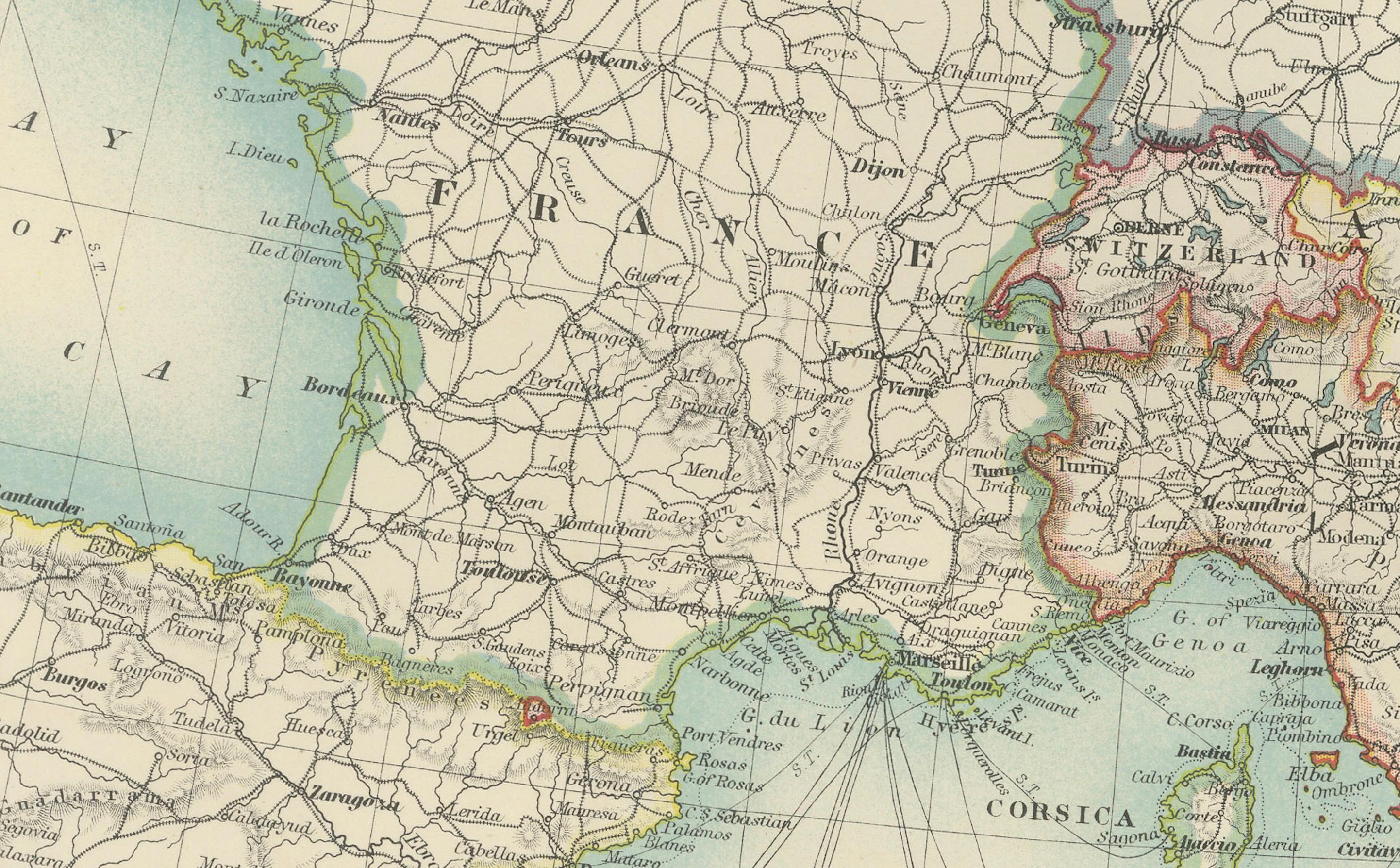 Carte ancienne du bassin méditerranéen, 1903, avec les côtes et les terres intérieures détaillées Bon état - En vente à Langweer, NL