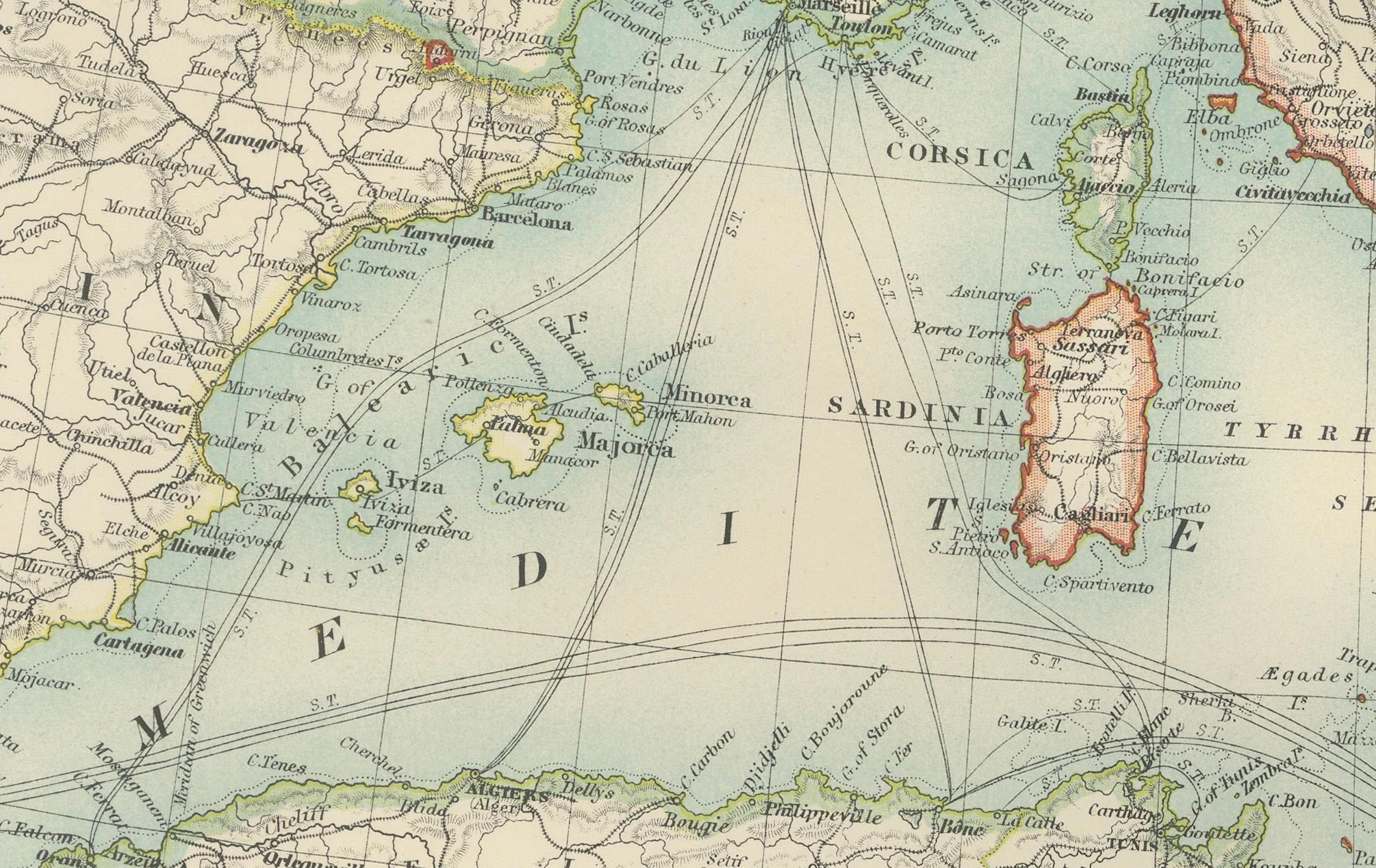 Papier Carte ancienne du bassin méditerranéen, 1903, avec les côtes et les terres intérieures détaillées en vente