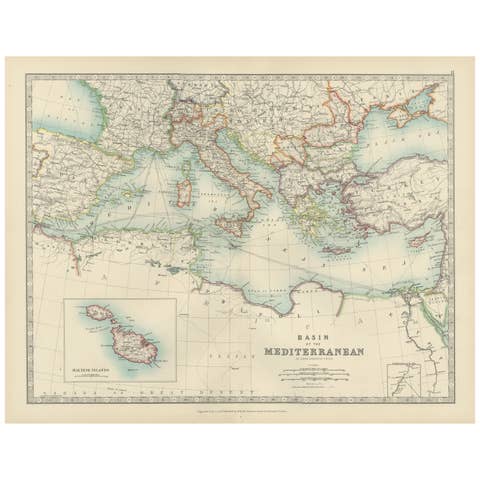 Antique Map of the Mediterranean Basin, 1903, with Detailed Coastal and Inland