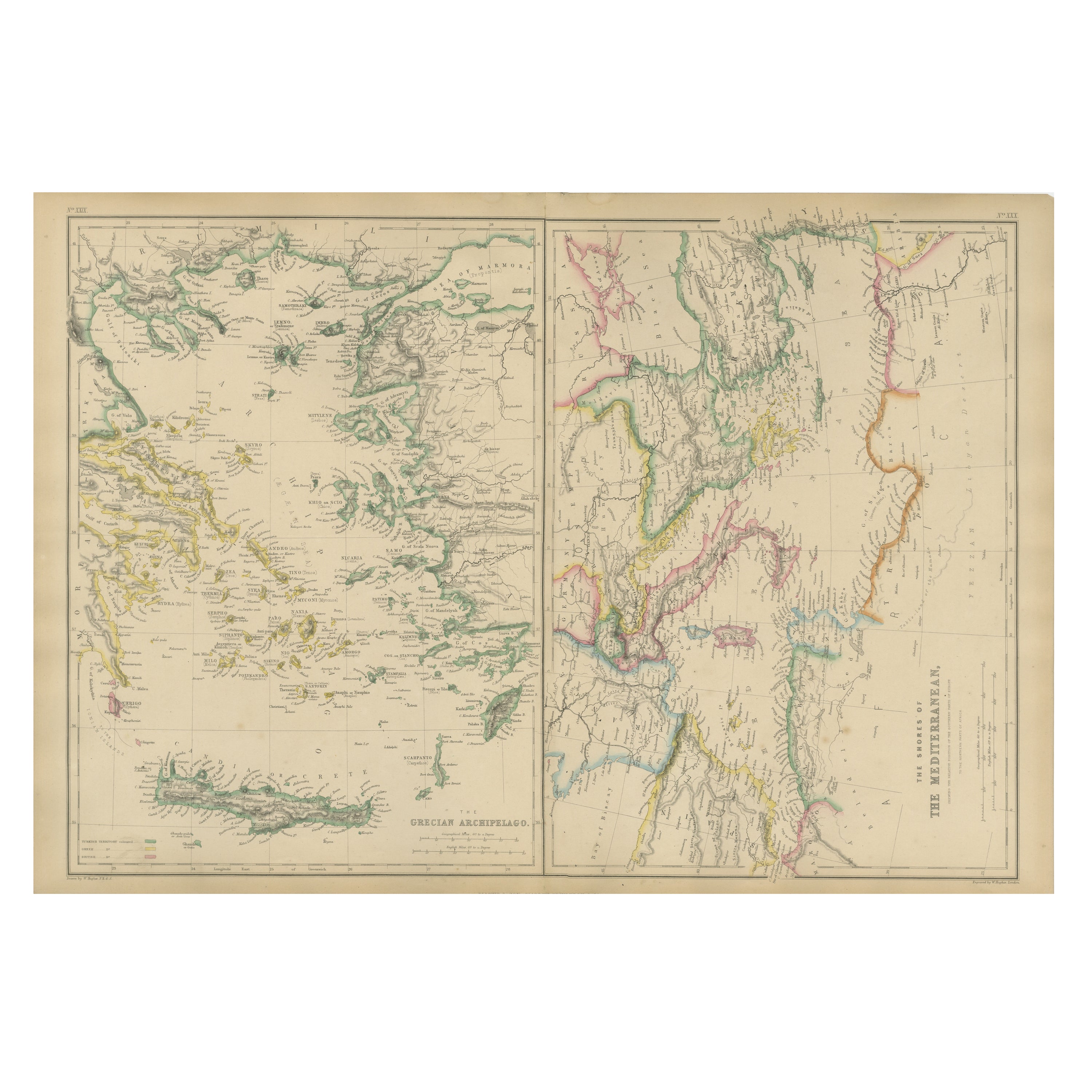 Antike Karte des Mittelmeeres und des griechischen Archipels, Blackie, um 1860