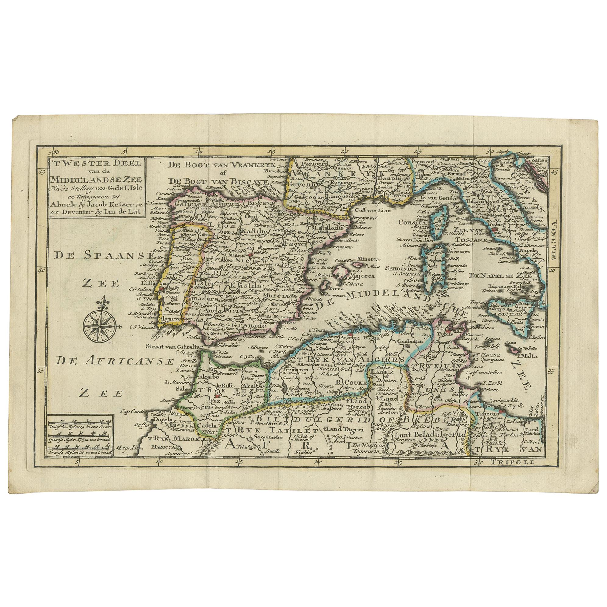 Mapa antiguo del Mar Mediterráneo y sus alrededores por Keizer & de Lat, 1788 en venta