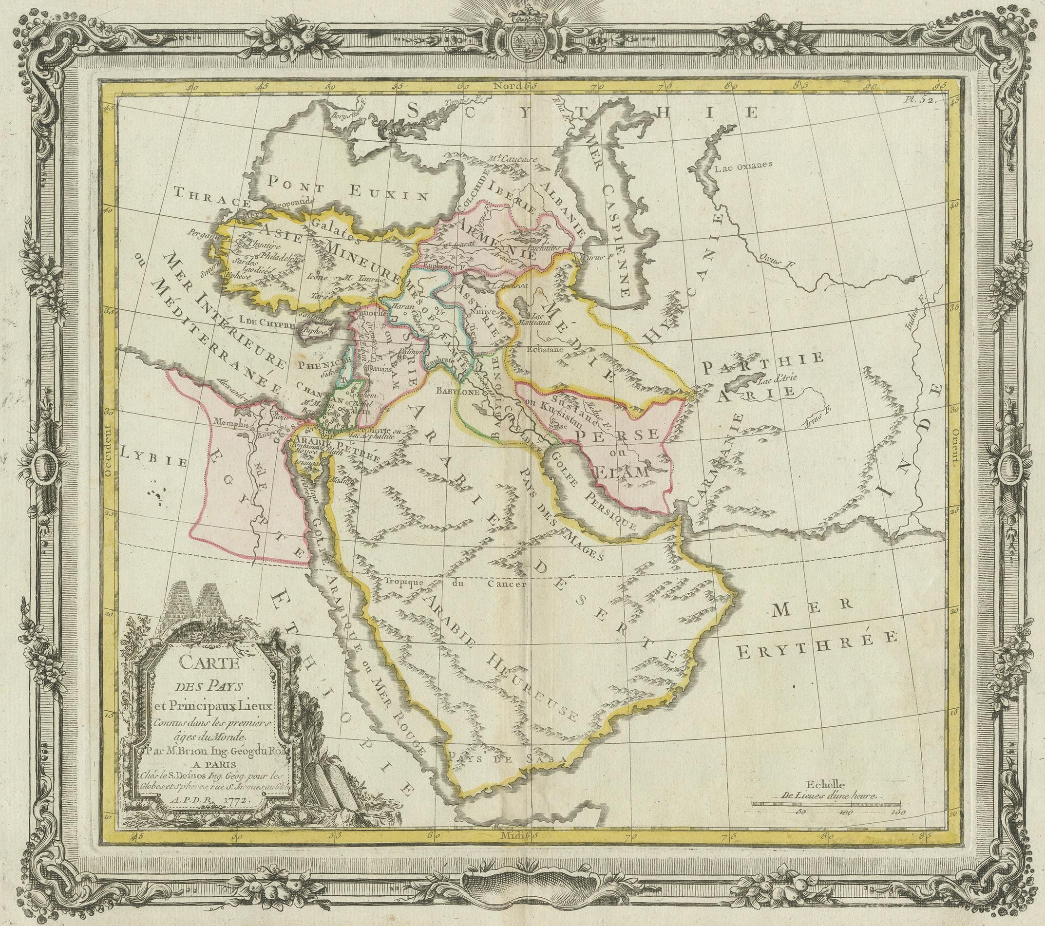 Antique map titled 'Carte des Pays et Principaux Lieux (..)'. Original antique map of Middle East, extending to the Red Sea, Egypt, the Eastern Mediterranean, Black Sea, Caspian Sea and the Indian Ocean. Includes decorative engraved title cartouche