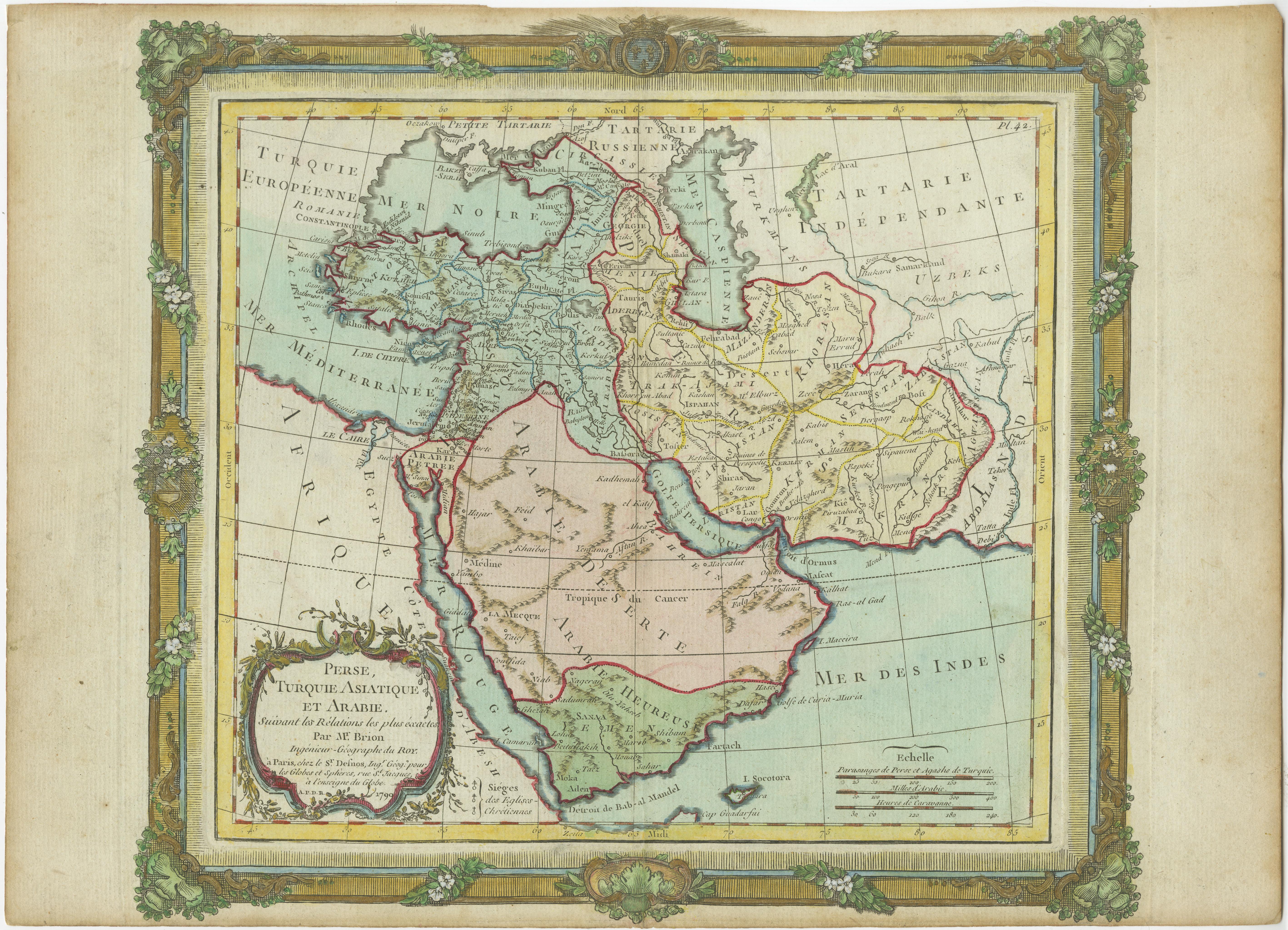 Antique map titled 'Perse, Turquie Asiatique et Arabie (..)'. Map of the Middle East with a large Arabia, extending from the Black Sea to the Indian Ocean and from the Red Sea to Persia and Iraq. Small but decorative cartouche and a very elaborate