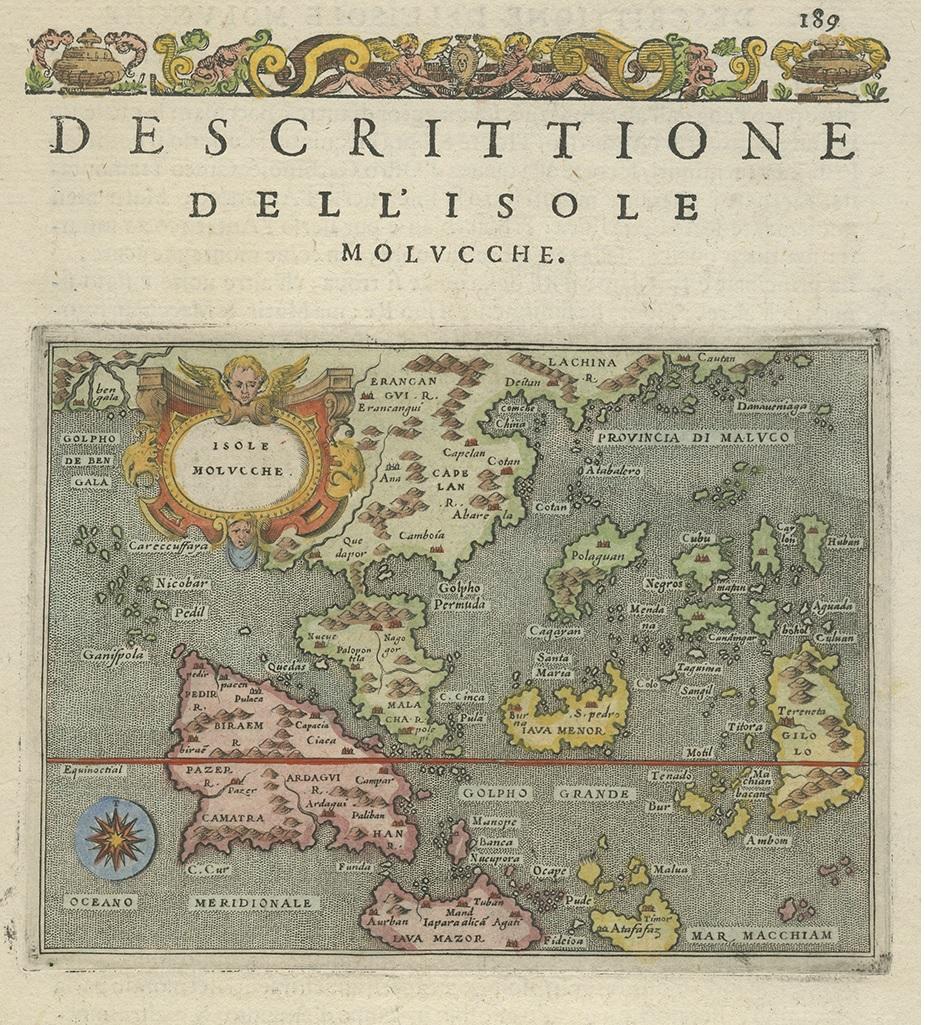 Antike Karte mit dem Titel 'Isole Molucche'. Die Karte zeigt Ostindien und Indochina, einschließlich des heutigen Indonesiens und der Philippinen. Das erfasste Gebiet erstreckt sich vom Golf von Bengalen im Westen bis nach Südchina und Kanton im