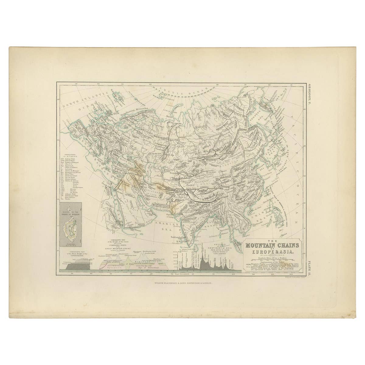 Antique Map of the Mountain Chains of Europe and Asia by Johnston '1850'