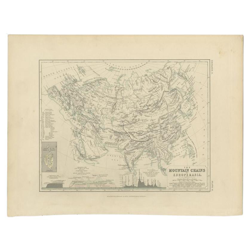 Antike detaillierte Karte der europäischen und asiatischen Bergketten, um 1850
