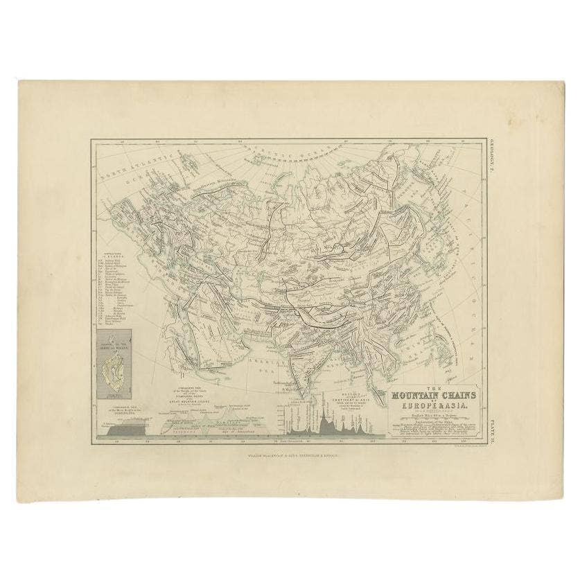 Antique Detailed Map of the Mountain Chains of Europe and Asia, c.1850