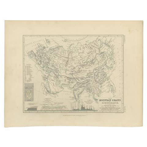 Antique Detailed Map of the Mountain Chains of Europe and Asia, c.1850