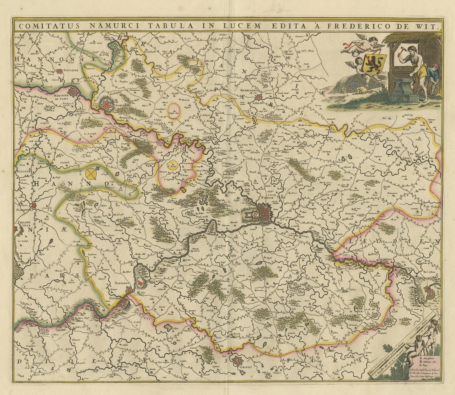 Antique map titled 'Comitatus Namurci Tabula in Lucem Edita'. Large map of the Namur region, France. Published by F. de Wit, circa 1680.