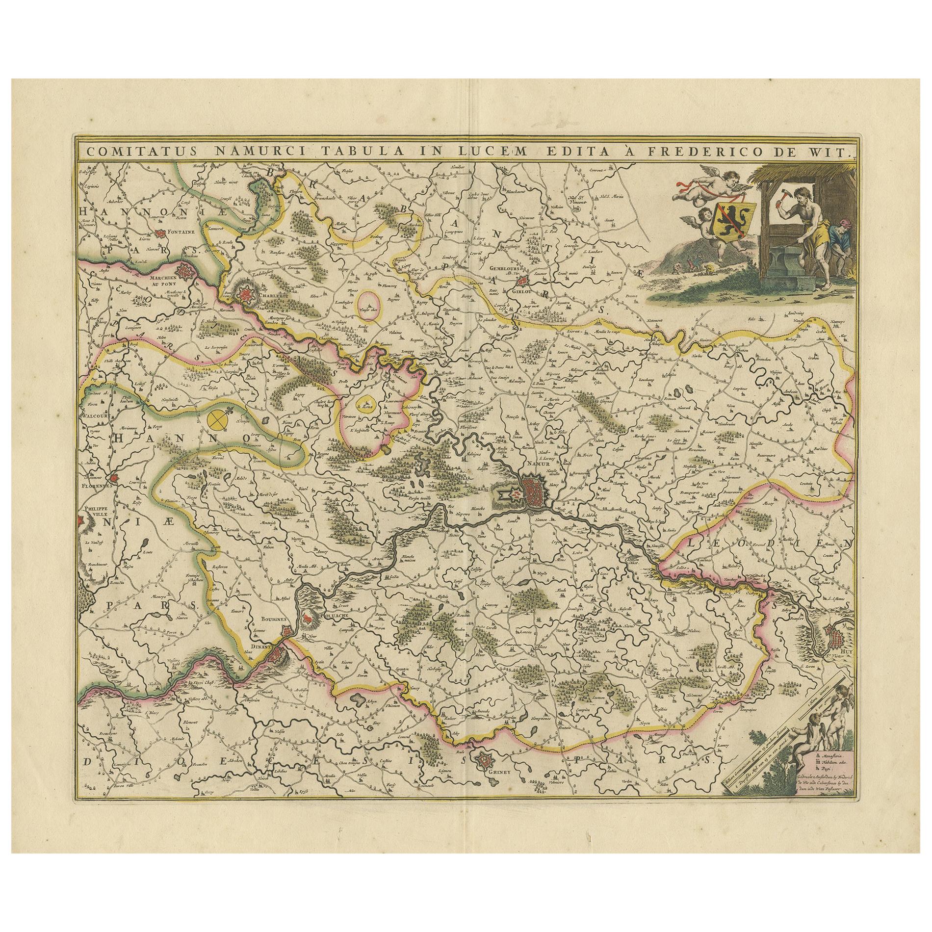 Carte ancienne de la région de la Namur en France par F. de Wit, vers 1680