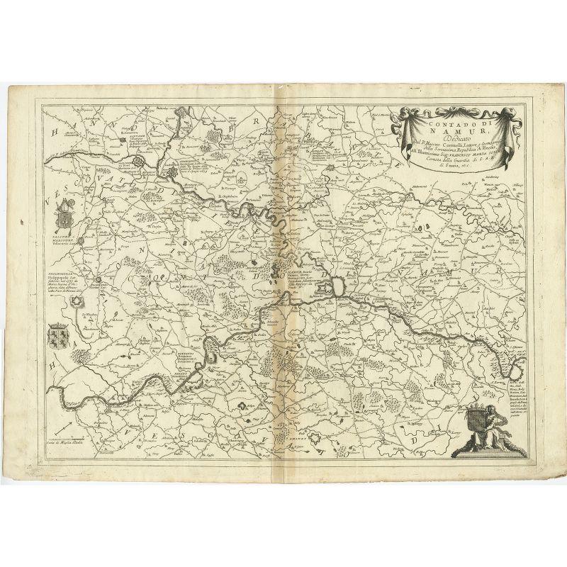 Antique map titled 'Contado di Namur (..)'. Old map of the Namur region in central Belgium. Includes several coats of arms.

Artists and Engravers: The remarkable Vincenzo Coronelli (1650-1718), encyclopaedist, geographer, inventor and Doctor of