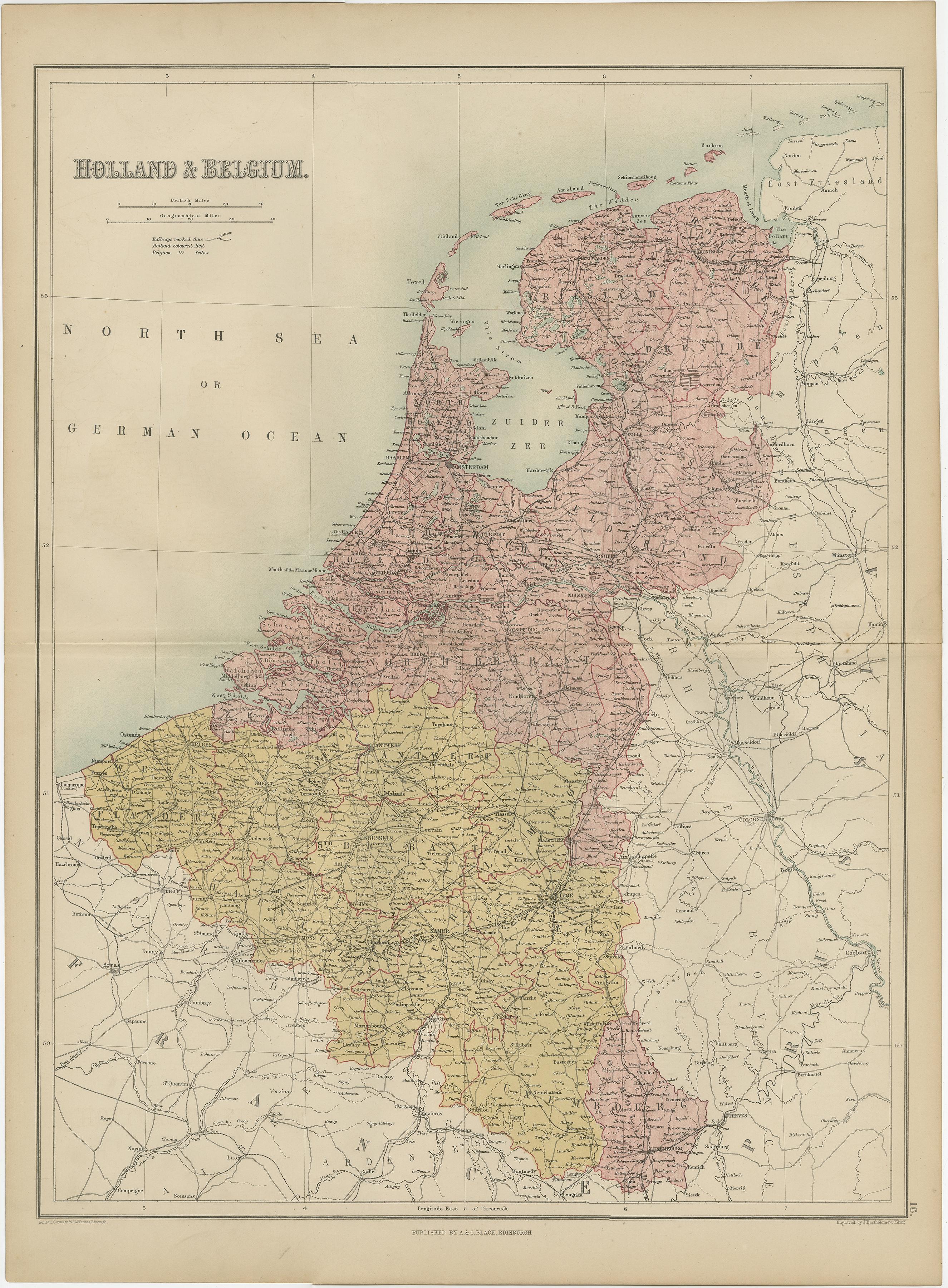 Antique map titled 'Holland & Belgium'. Original antique map of Map of The Netherlands and Belgium. This map originates from ‘Black's General Atlas of The World’. Published by A & C. Black, 1870.