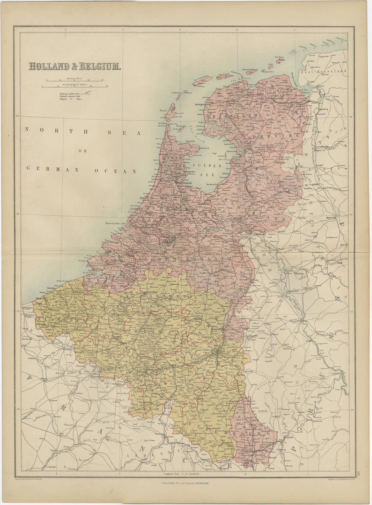 Antique Map of The Netherlands and Belgium by A & C, Black, 1870