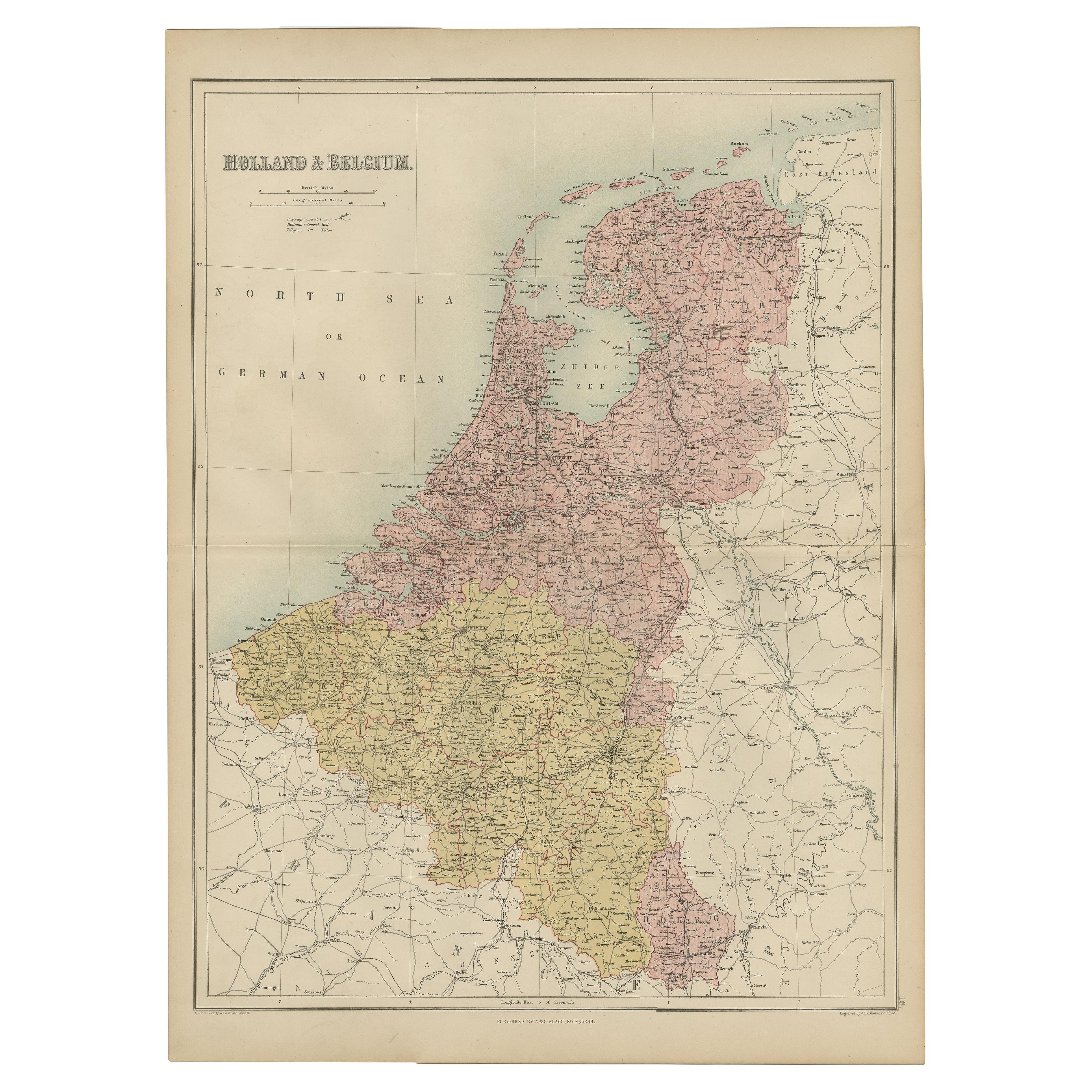 Antique Map of The Netherlands and Belgium by A & C, Black, 1870 For Sale