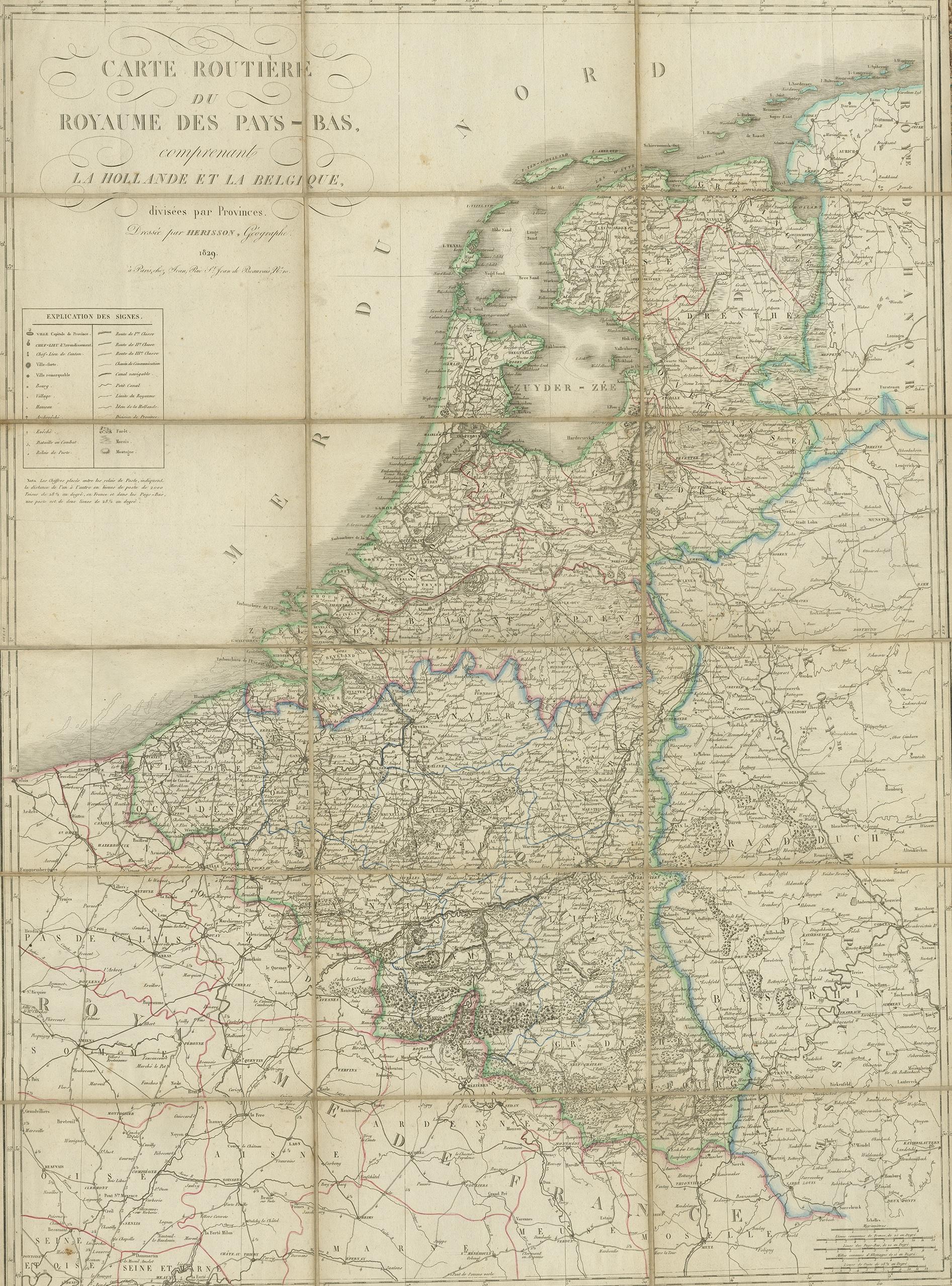 For your online catalogue, here is a detailed description of the antique map titled 'Carte Routière du Royaume des Pays-Bas comprenant la Hollande et la Belgique,' published by Eustache Hérisson in 1829:

**Title**: 'Carte Routière du Royaume des
