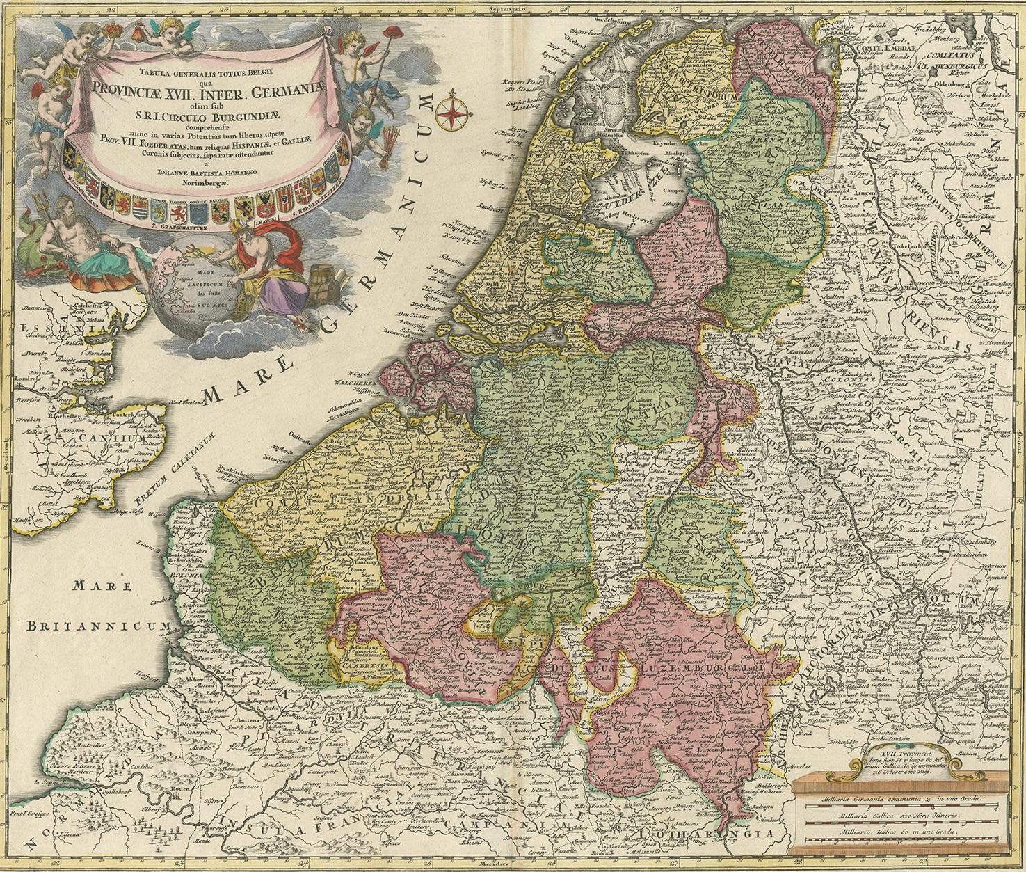 Antique map titled 'Tabula Generalis Totius Belgii Provinciae XVII. Infer. Germaniae (..)'. Map of the Benelux countries by Johann Baptist Homann. Shows the area between the Seine estuary and the Ems. Among the provinces Flanders, Brabant,