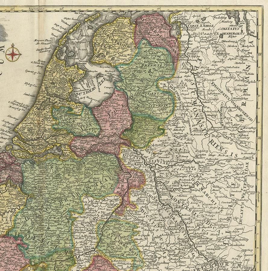 Antique Map of the Netherlands and Belgium by Homann, circa 1710 In Good Condition For Sale In Langweer, NL