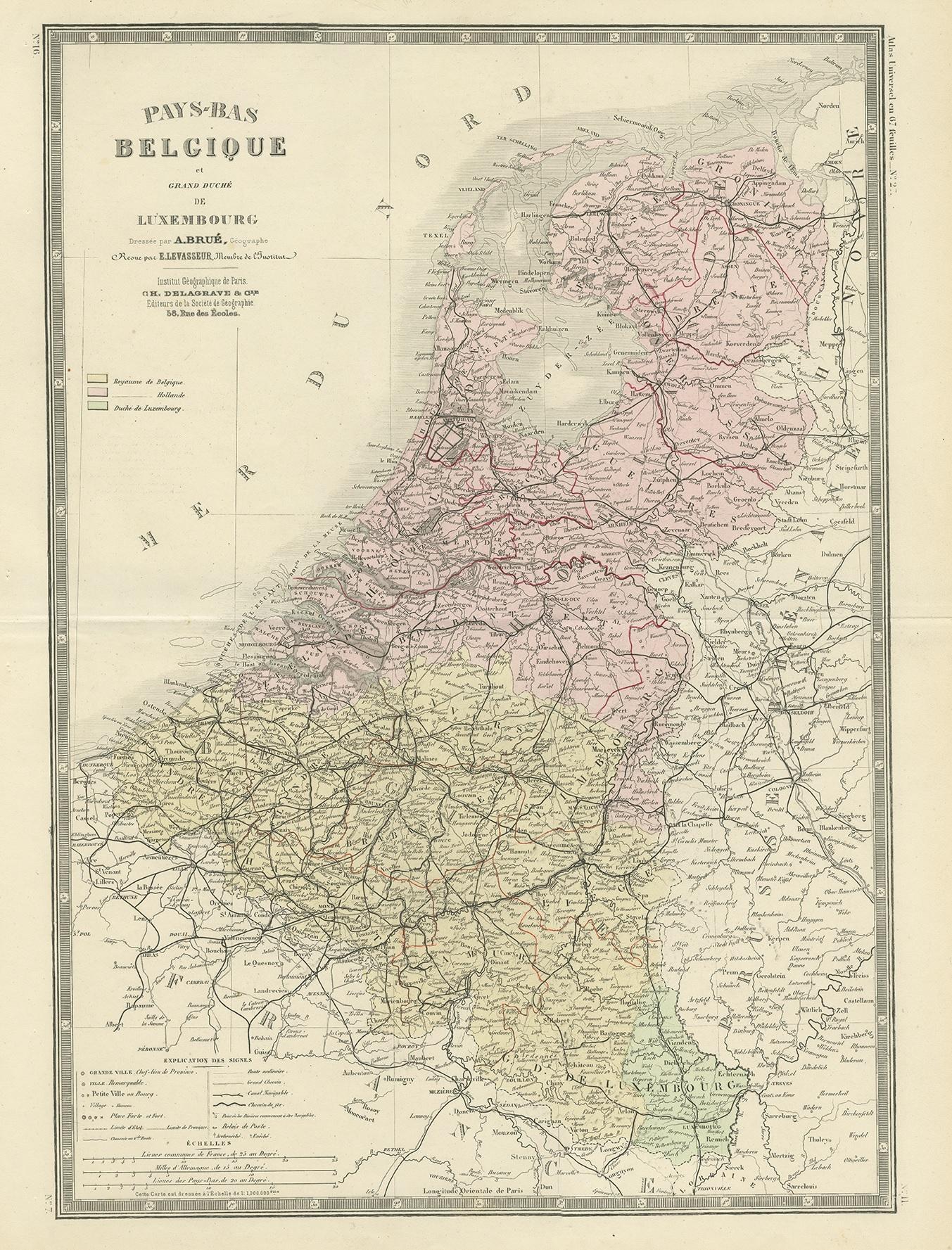 Antique map titled 'Pays-Bas Belgique (..)'. Large map of the Netherlands and Belgium. This map originates from 'Atlas de Géographie Moderne Physique et Politique' by A. Levasseur. Published 1875.