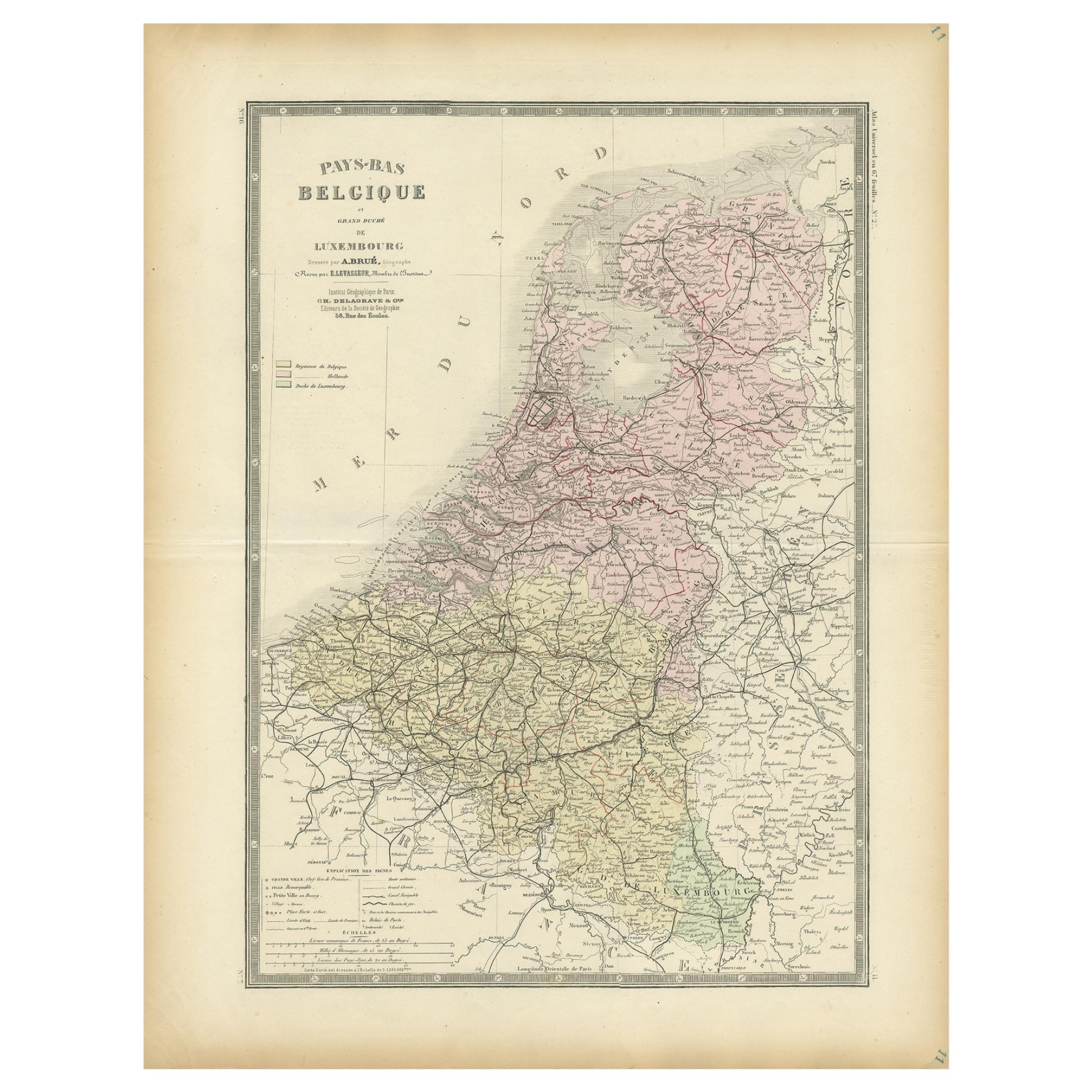 Carte décorative ancienne des Pays-Bas et de la Belgique,  ca.1875