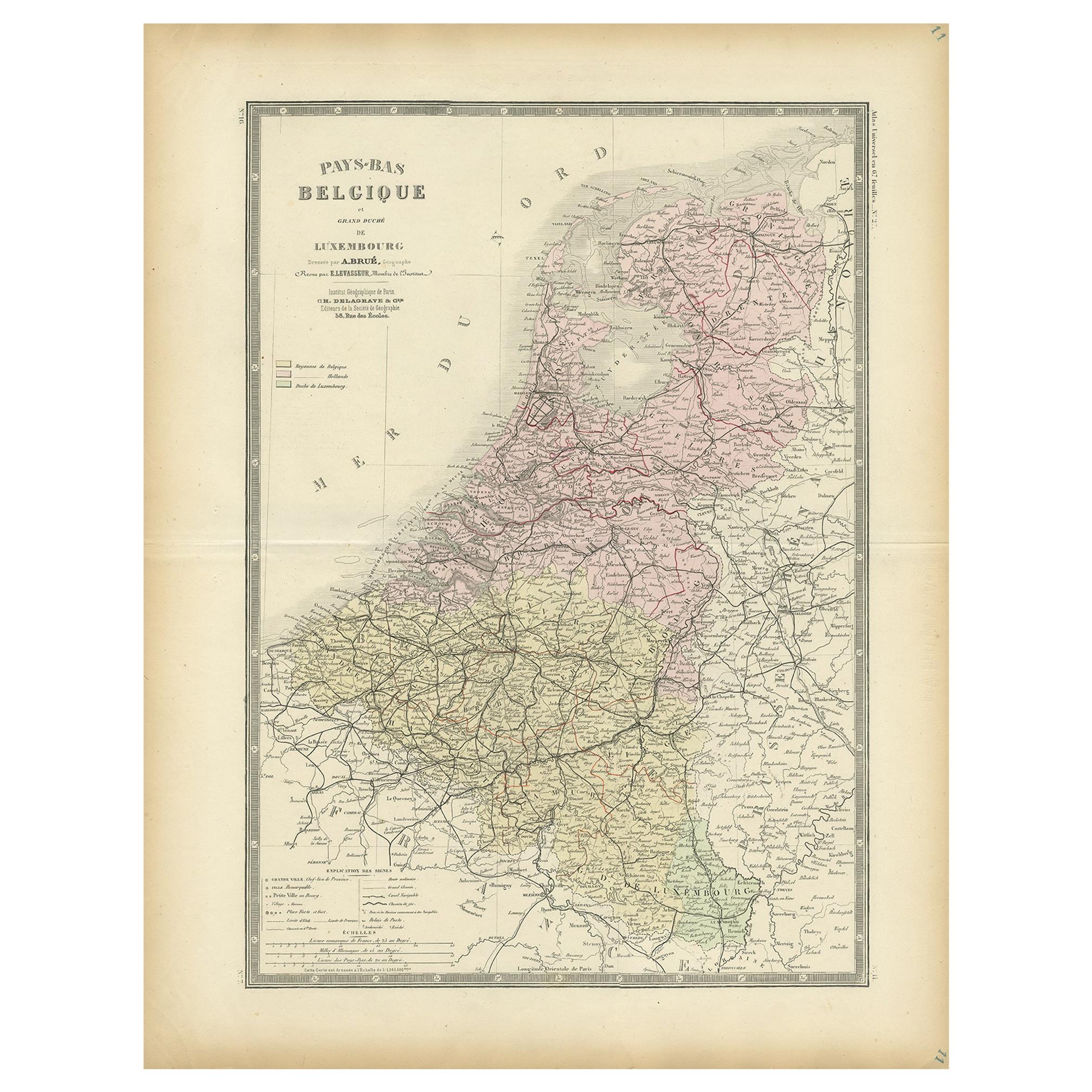 Dekorative antike Karte der Niederlande und Belgien,  ca.1875