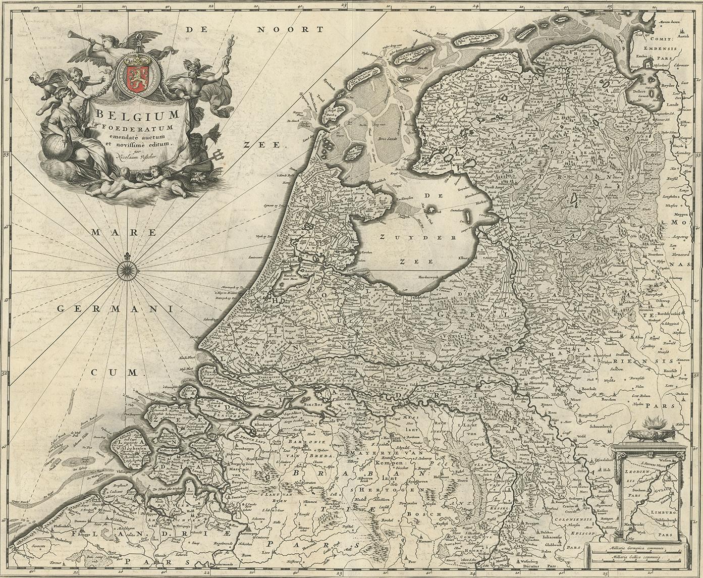 Antique map titled 'Belgium Foederatum emendate auctum et novissime editum (..)'. Published by N. Visscher, circa 1680.