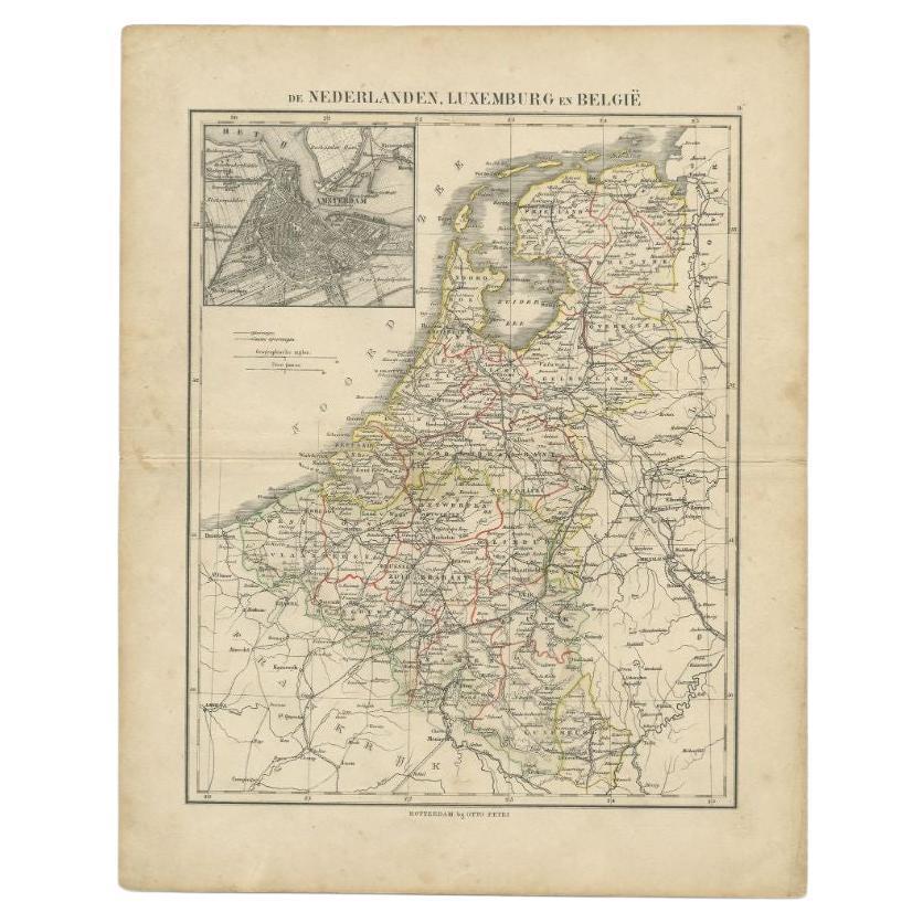 Antique Map of the Netherlands, Belgium and Luxembourg by Petri, c.1873 For Sale