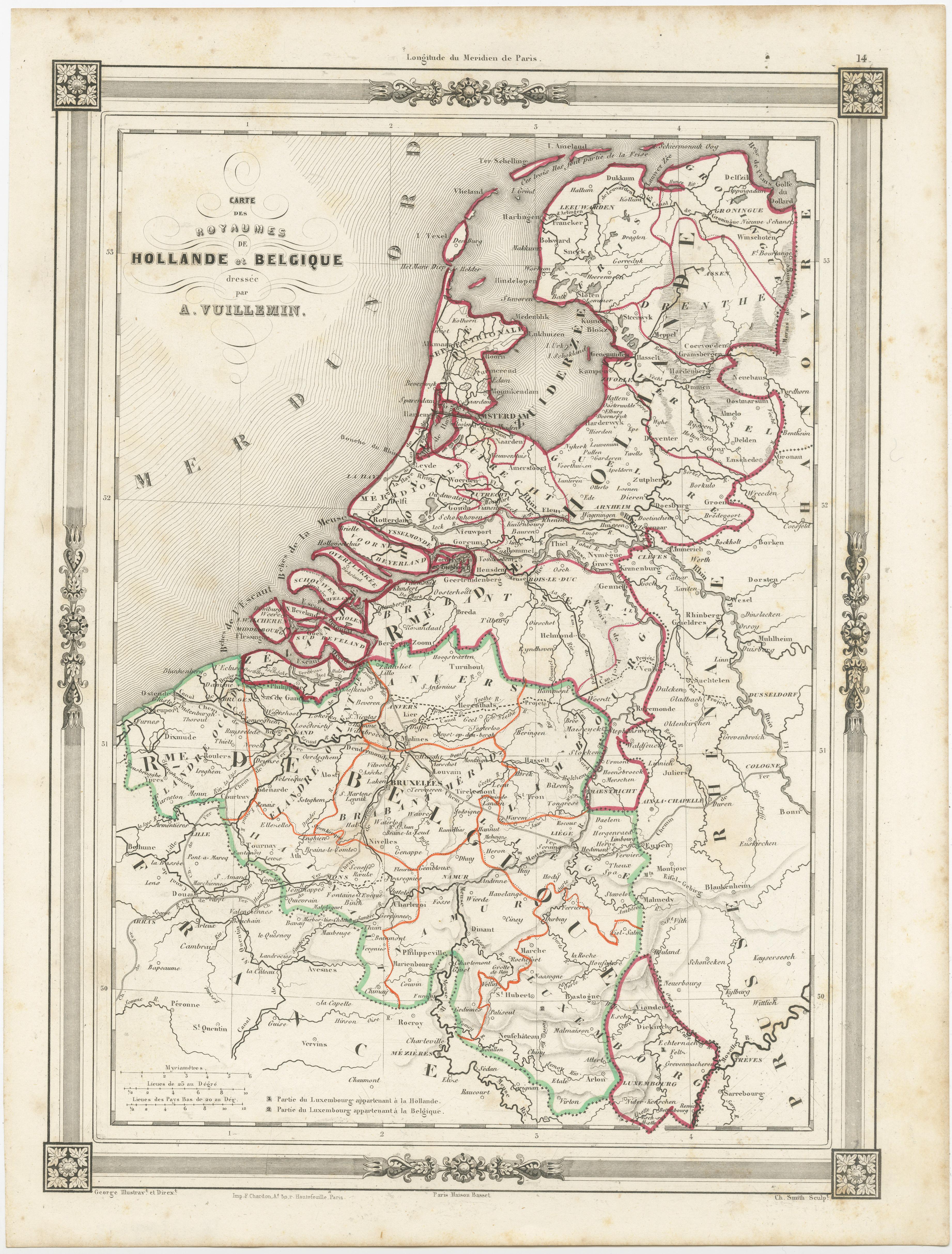 Antique map titled 'Carte des Royaumes Hollande et Belgique'. Attractive map of the Netherlands, Belgium and Luxembourg. This map originates from Maison Basset's 1852 edition of 'Atlas Illustre Destine a l'enseignement de la Geographie elementaire'.